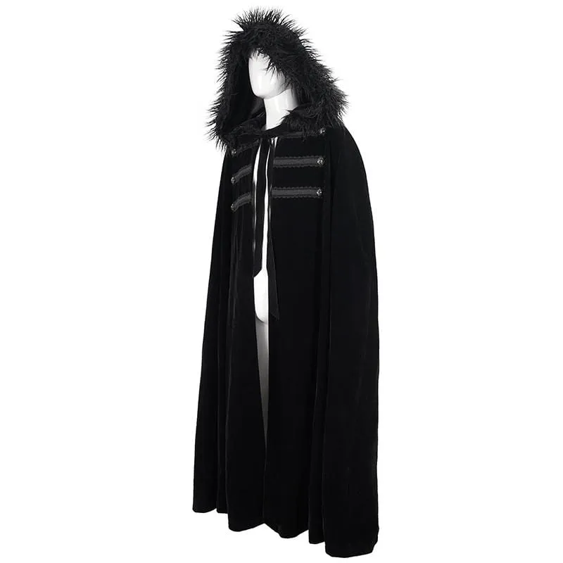 Men's Gothic Floral Long Coat with Hood Black