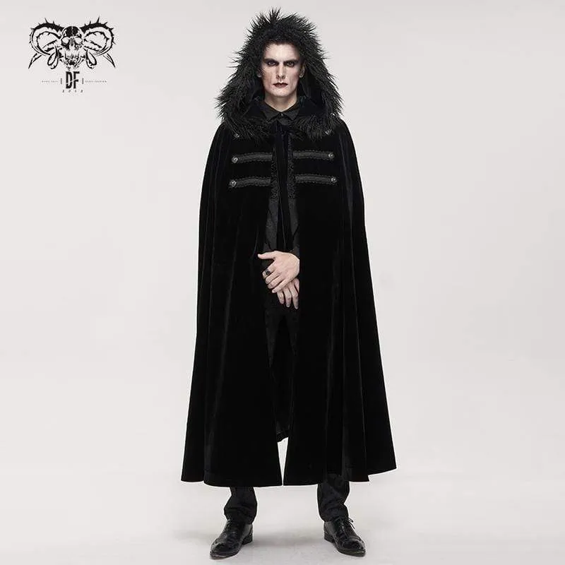 Men's Gothic Floral Long Coat with Hood Black