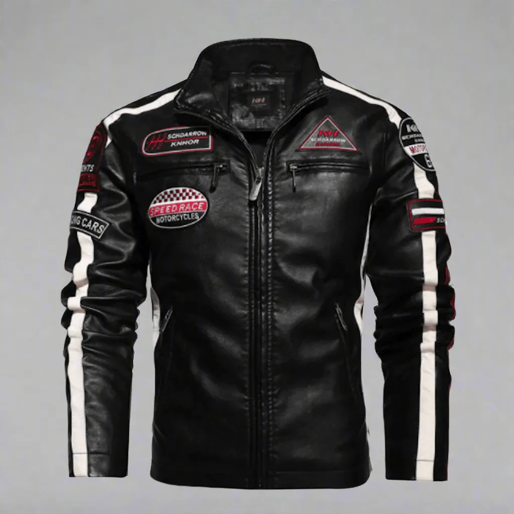 Men's Vegan Leather Biker Jacket with Badges