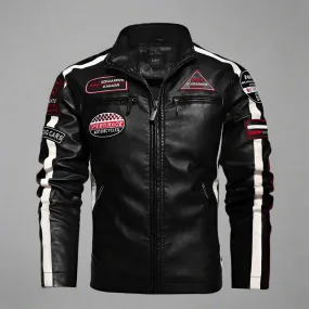 Men's Vegan Leather Biker Jacket with Badges