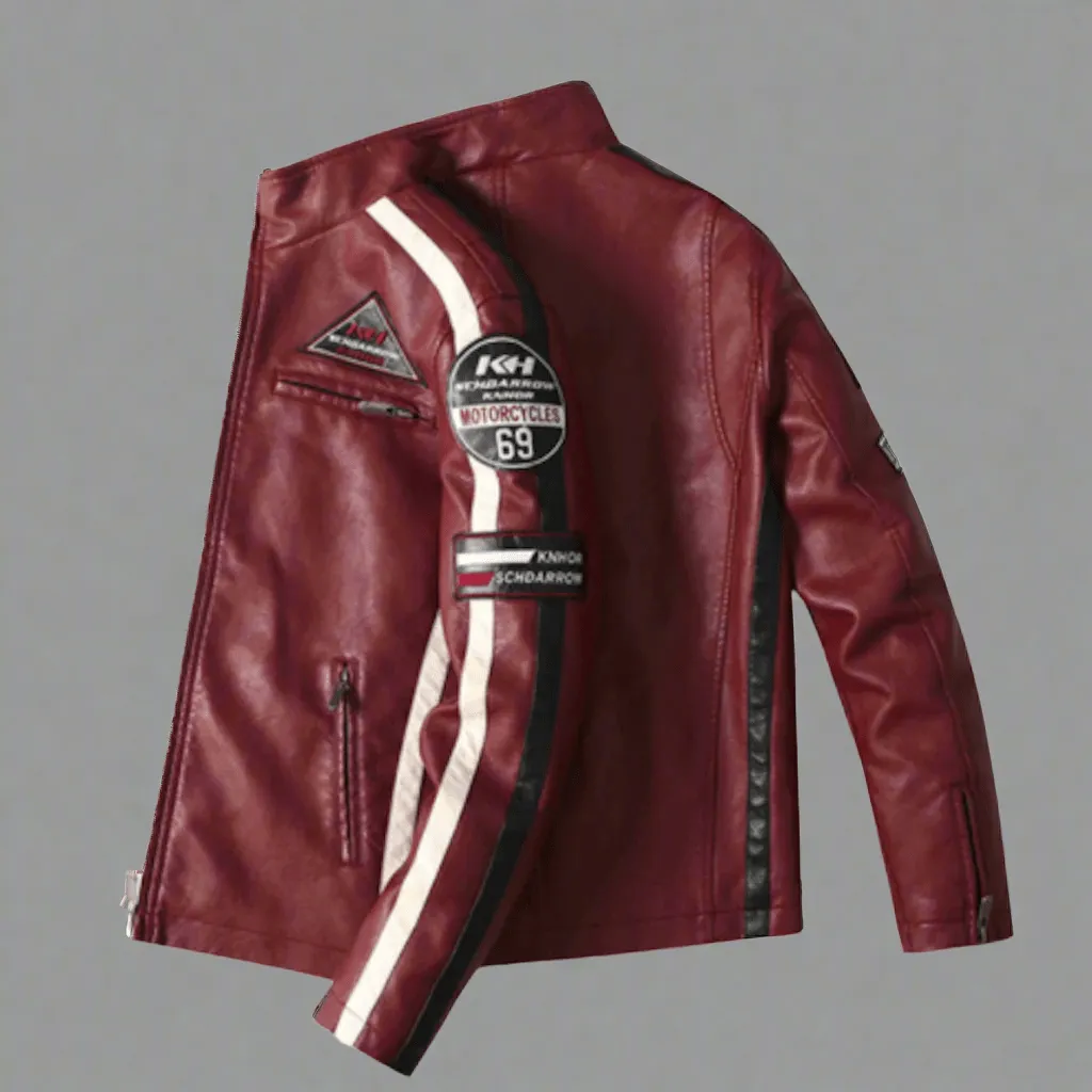 Men's Vegan Leather Biker Jacket with Badges