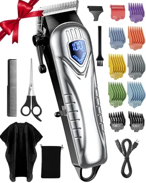 Mpow Cordless Hair Clippers for Men w/Battery Display, 5H Professional Hair Cutting Kit with 10 Combs, Rechargeable Barber Clippers Beard/Hair Trimmer with Scissors, Cape for Men Women Kids