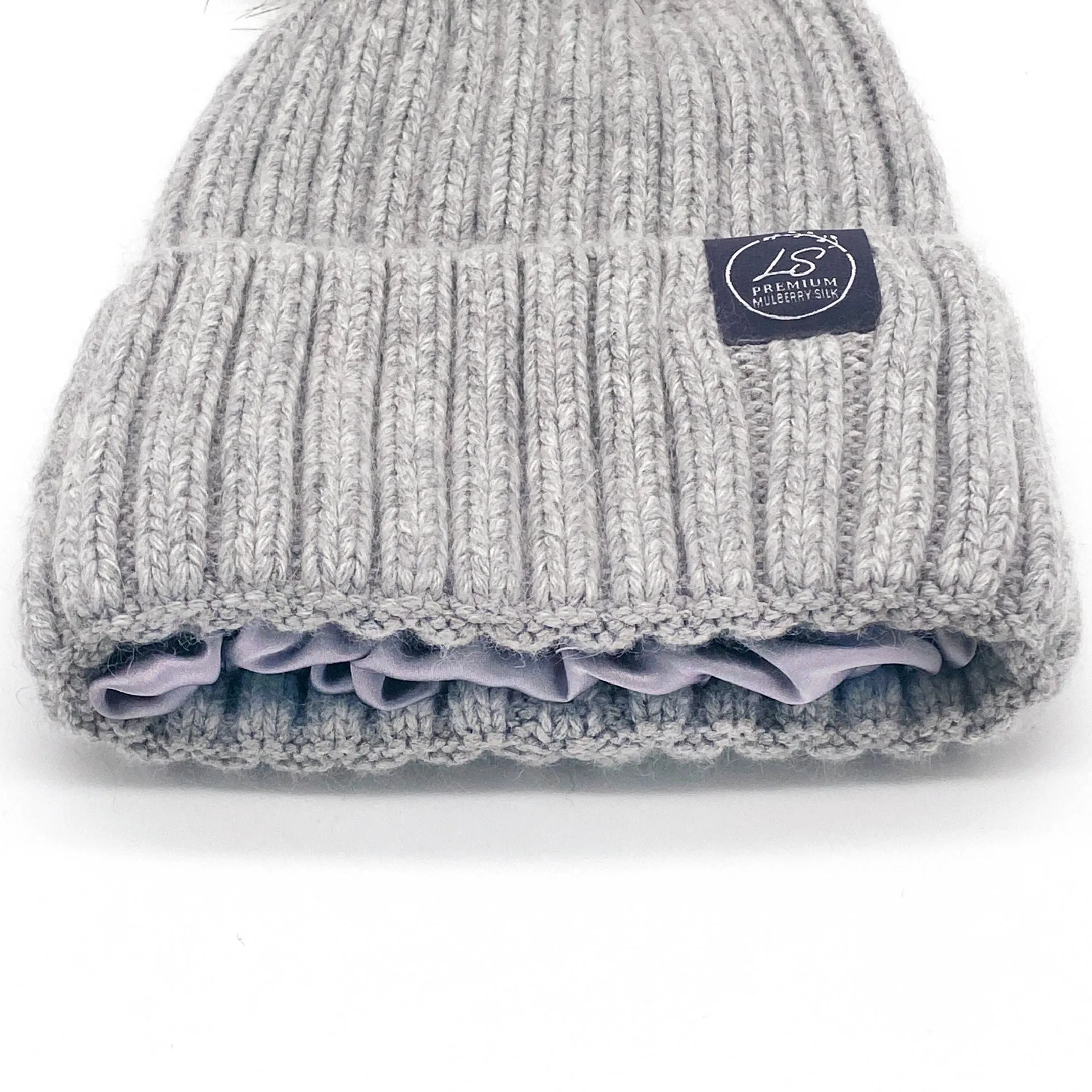 Mulberry Silk-Lined Classic Ribbed Pattern Cashmere Beanie Hat With Removable Pom Pom - Grey