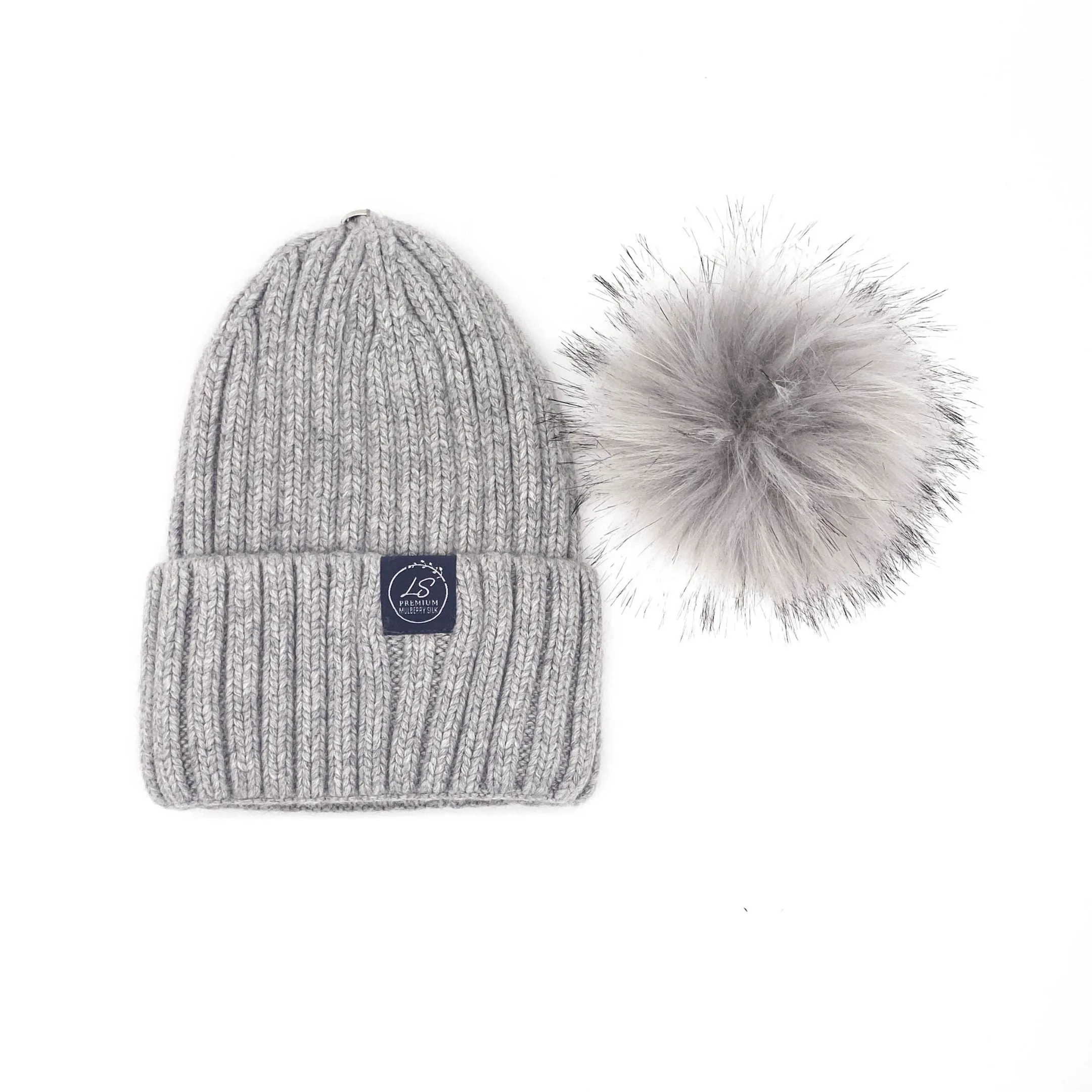 Mulberry Silk-Lined Classic Ribbed Pattern Cashmere Beanie Hat With Removable Pom Pom - Grey