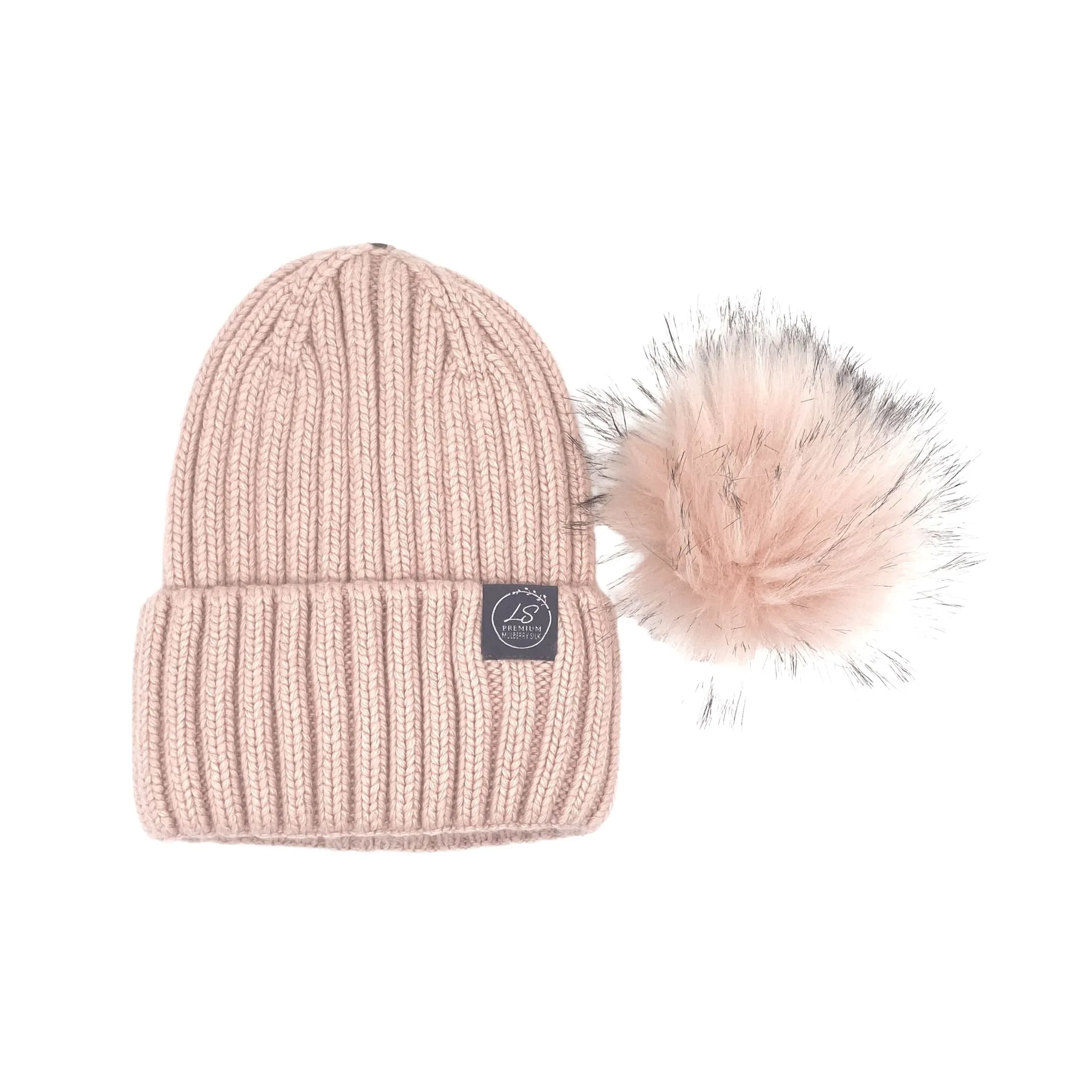 Mulberry Silk-Lined Classic Ribbed Pattern Cashmere Beanie Hat With Removable Pom Pom - Grey