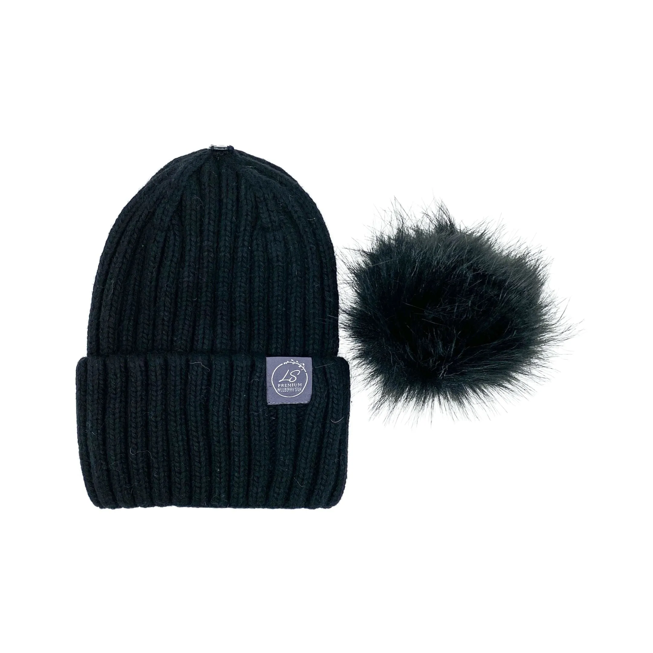 Mulberry Silk-Lined Classic Ribbed Pattern Cashmere Beanie Hat With Removable Pom Pom - Grey