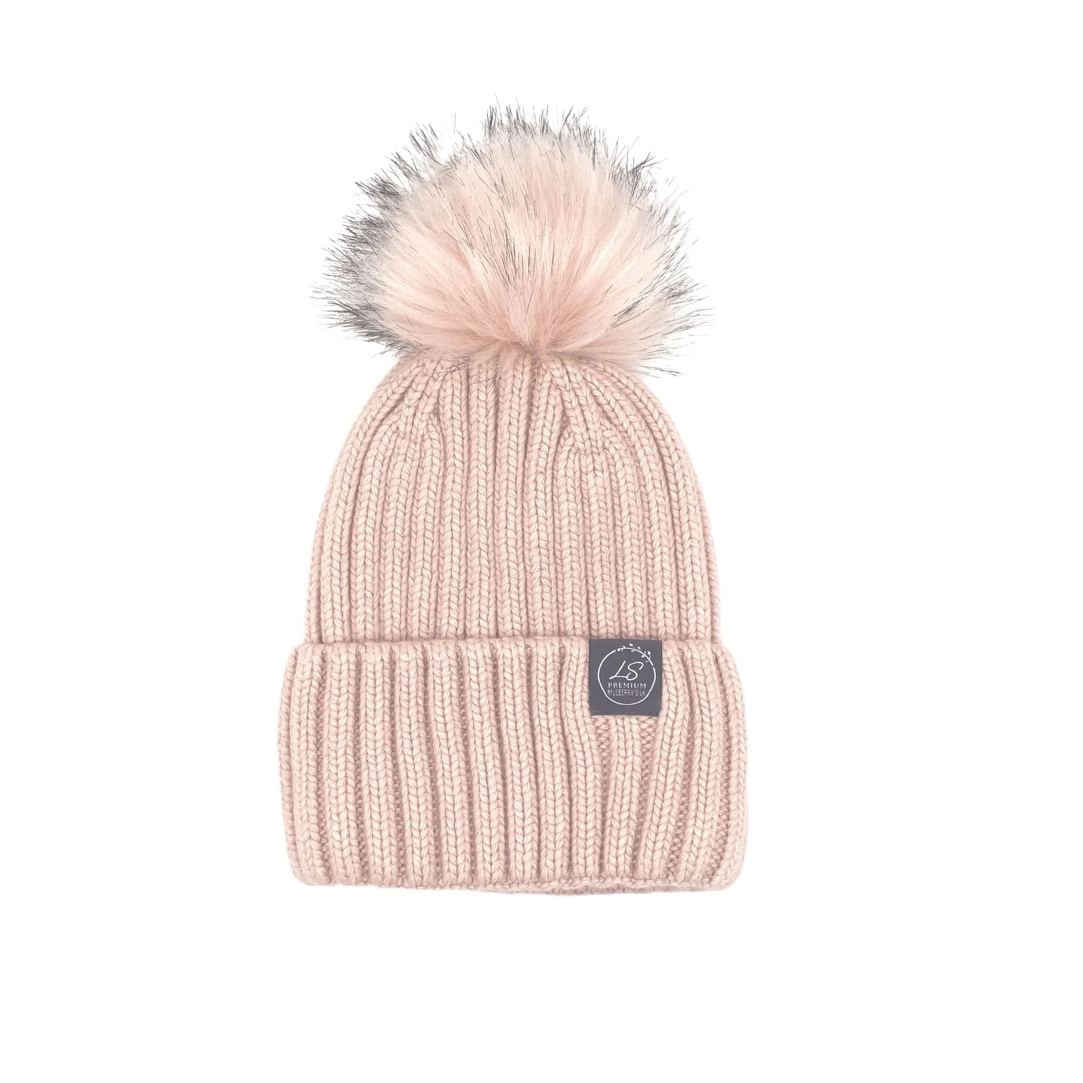 Mulberry Silk-Lined Classic Ribbed Pattern Cashmere Beanie Hat With Removable Pom Pom - Grey