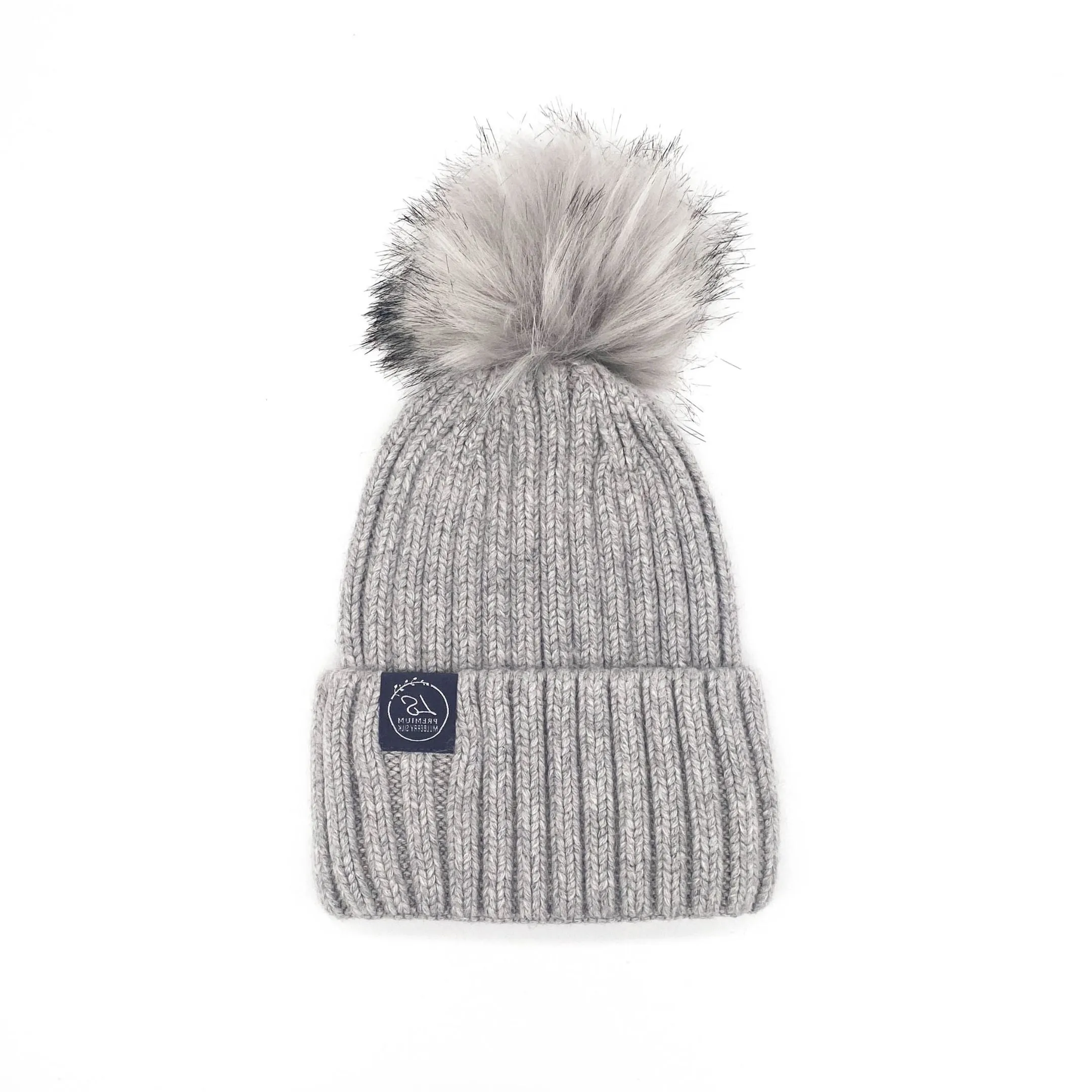 Mulberry Silk-Lined Classic Ribbed Pattern Cashmere Beanie Hat With Removable Pom Pom - Grey