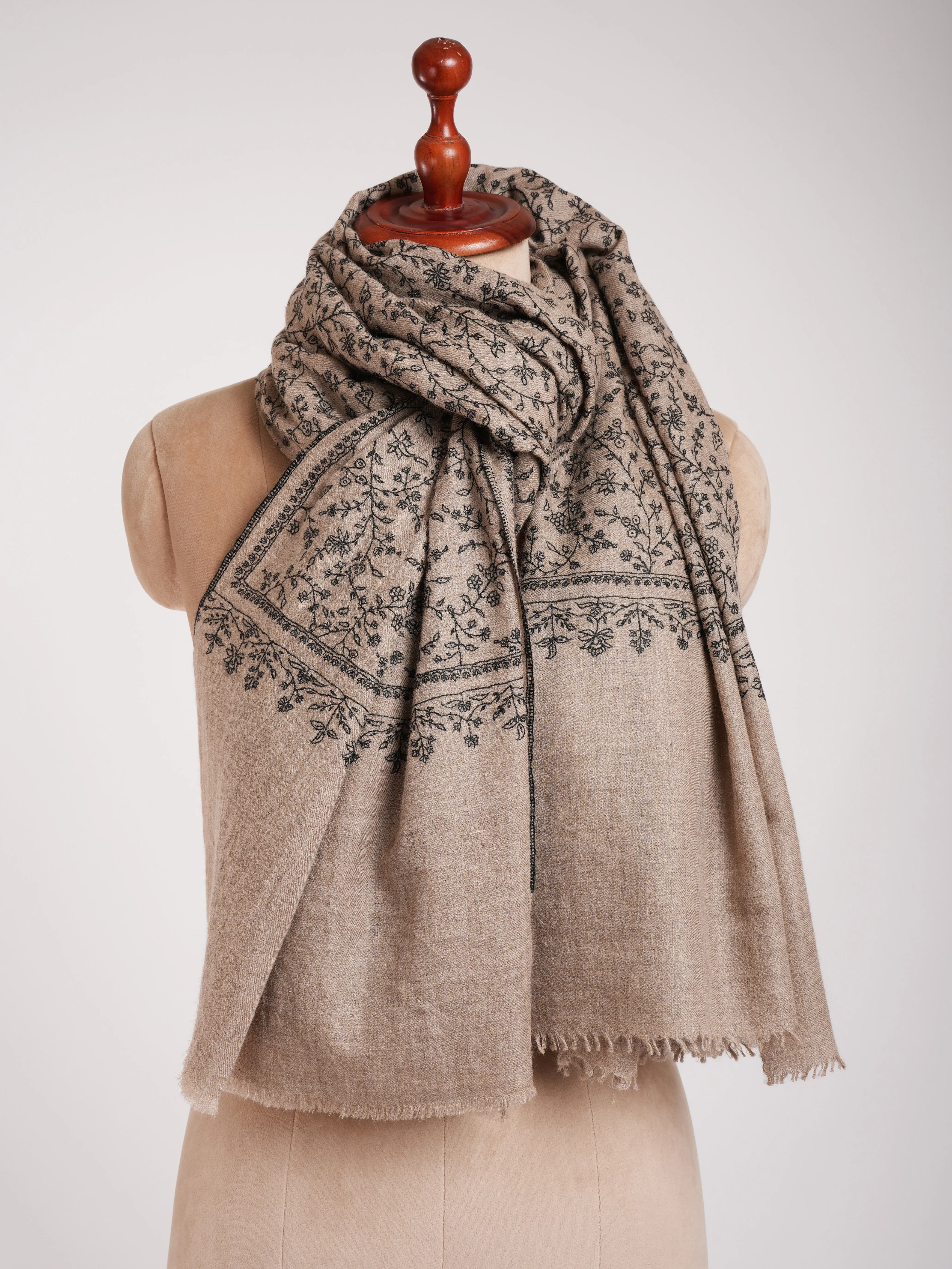 Natural Grey Pashmina Shawl with Black Sozni Embroidery