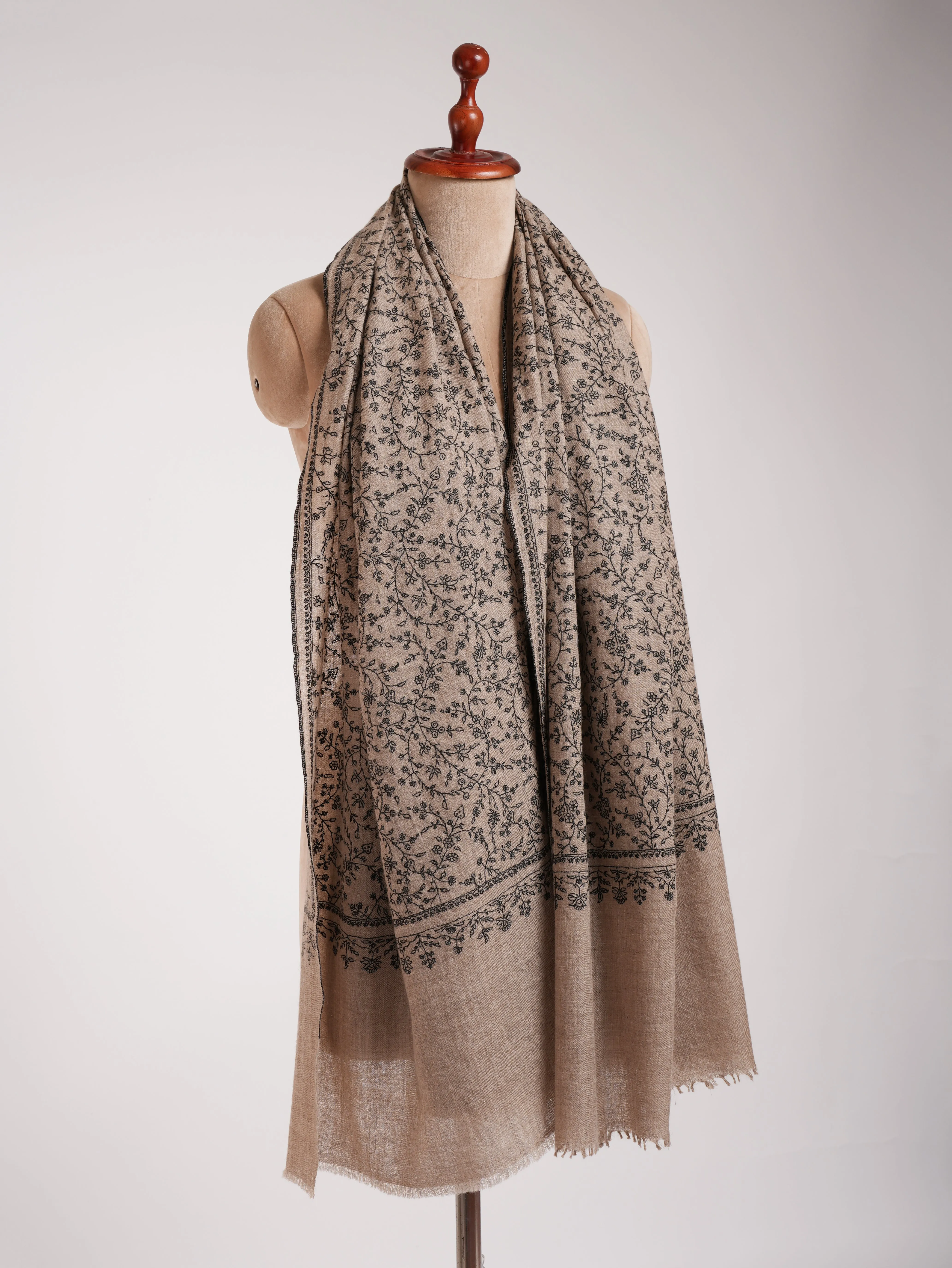 Natural Grey Pashmina Shawl with Black Sozni Embroidery