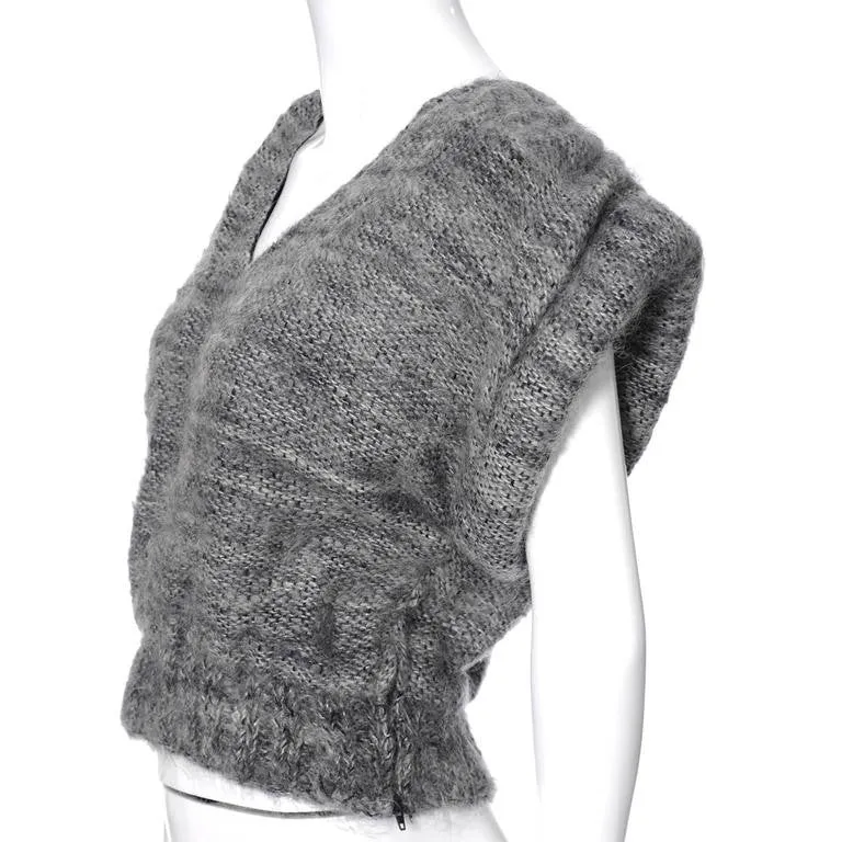 Nikos Handwoven Gray Wool Vintage V Neck Sweater w/ Rolled Arms