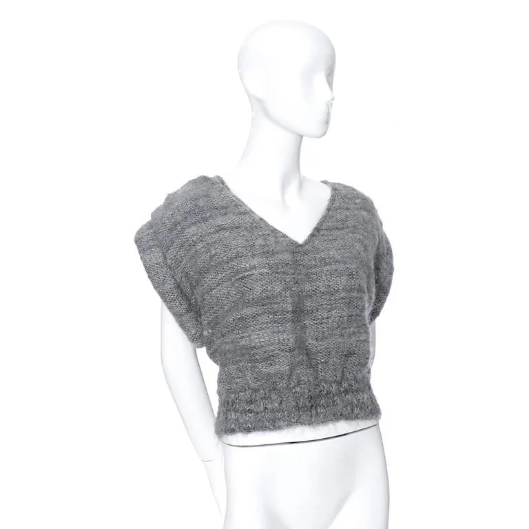 Nikos Handwoven Gray Wool Vintage V Neck Sweater w/ Rolled Arms