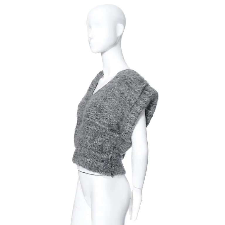 Nikos Handwoven Gray Wool Vintage V Neck Sweater w/ Rolled Arms