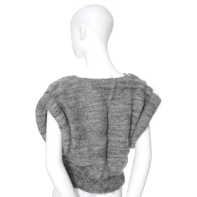 Nikos Handwoven Gray Wool Vintage V Neck Sweater w/ Rolled Arms