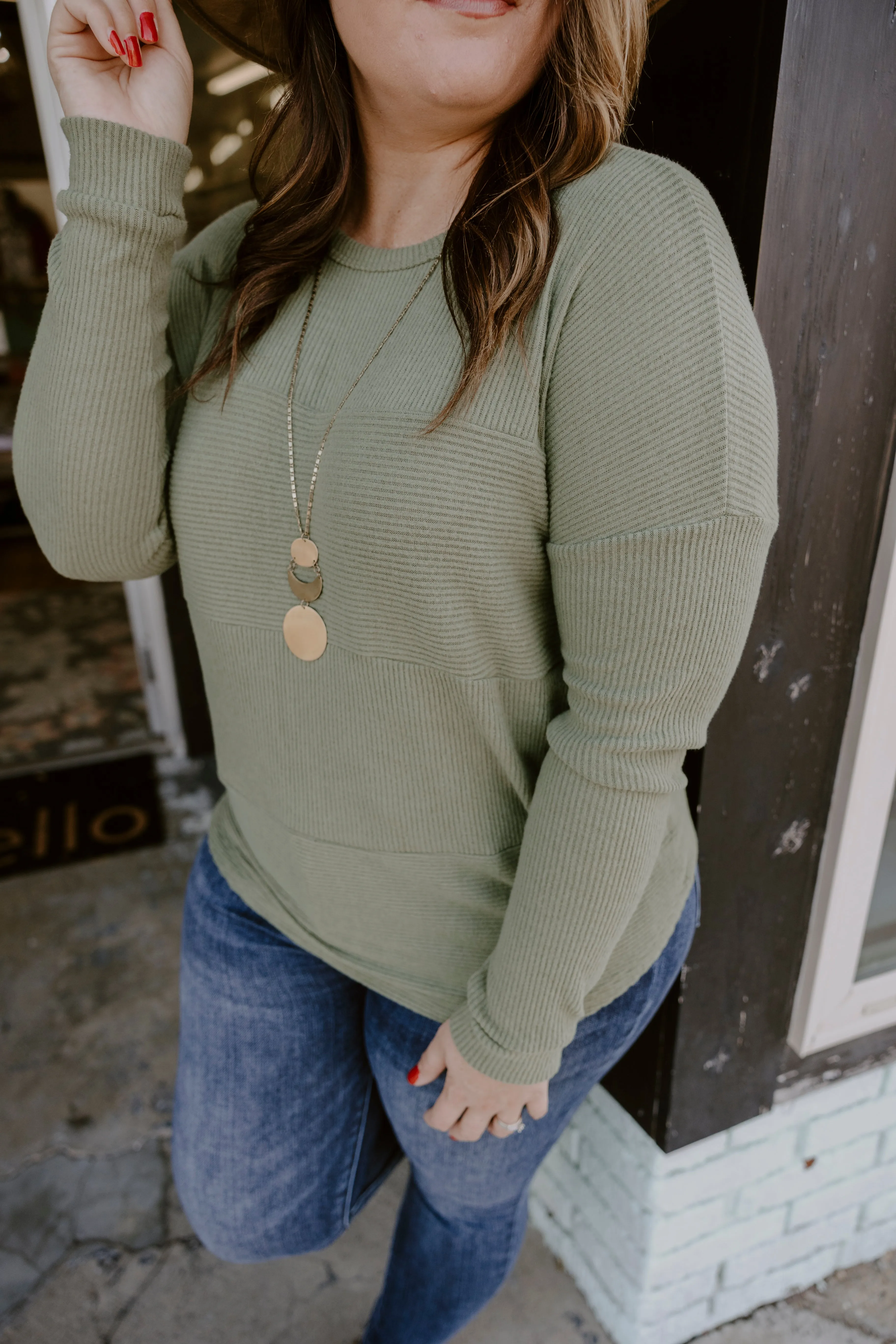 Olive Brushed Rib Long Sleeve Top