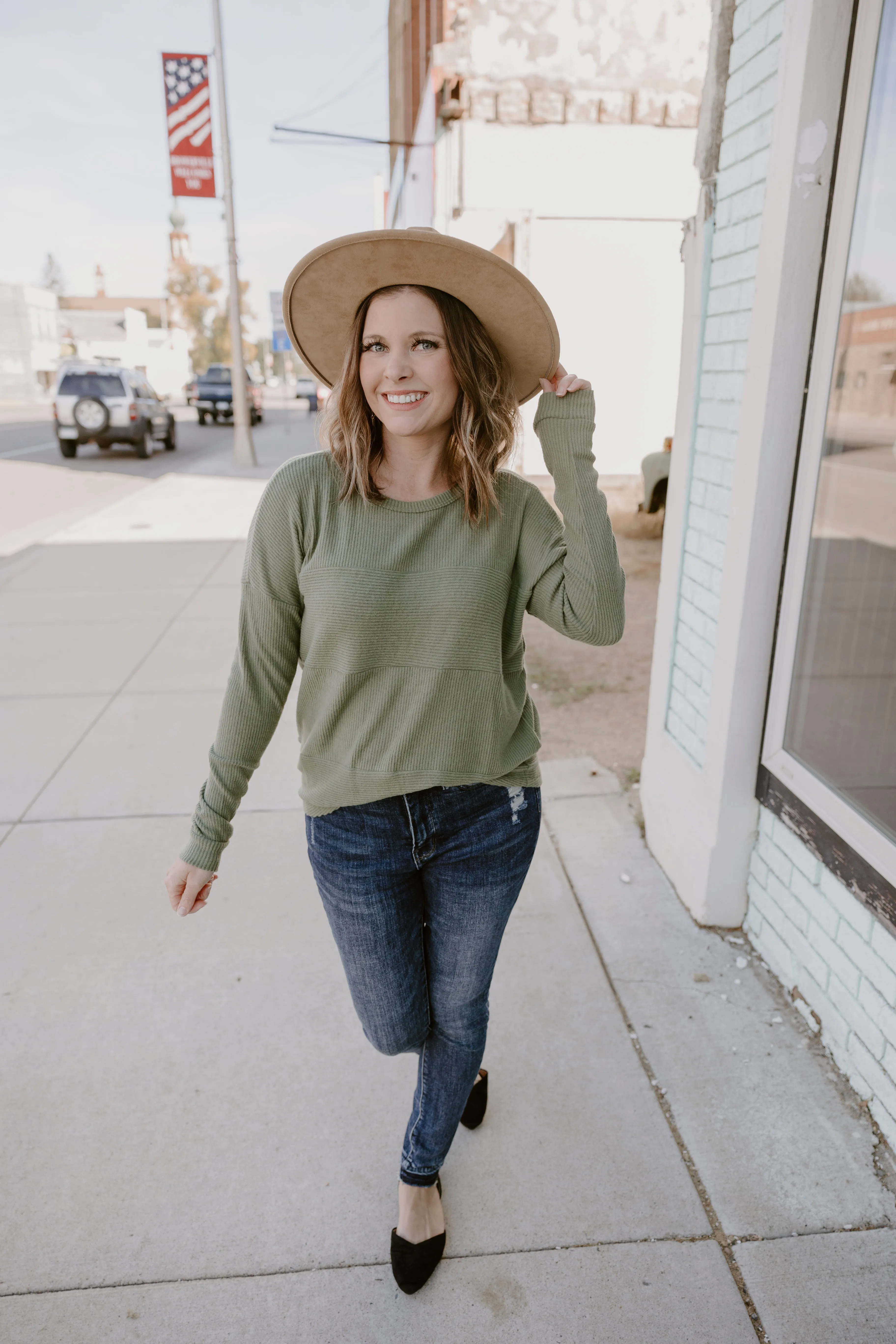 Olive Brushed Rib Long Sleeve Top