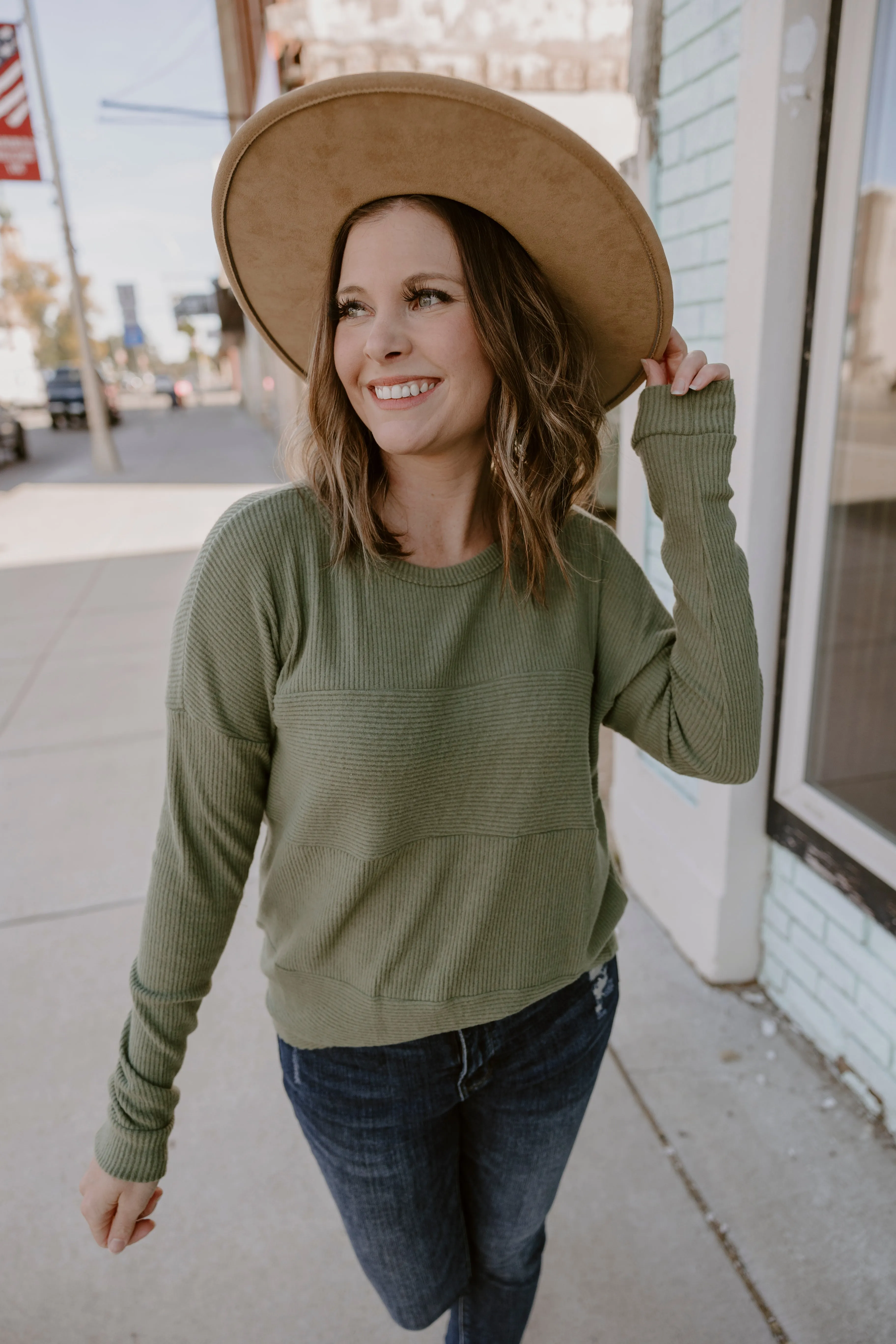 Olive Brushed Rib Long Sleeve Top