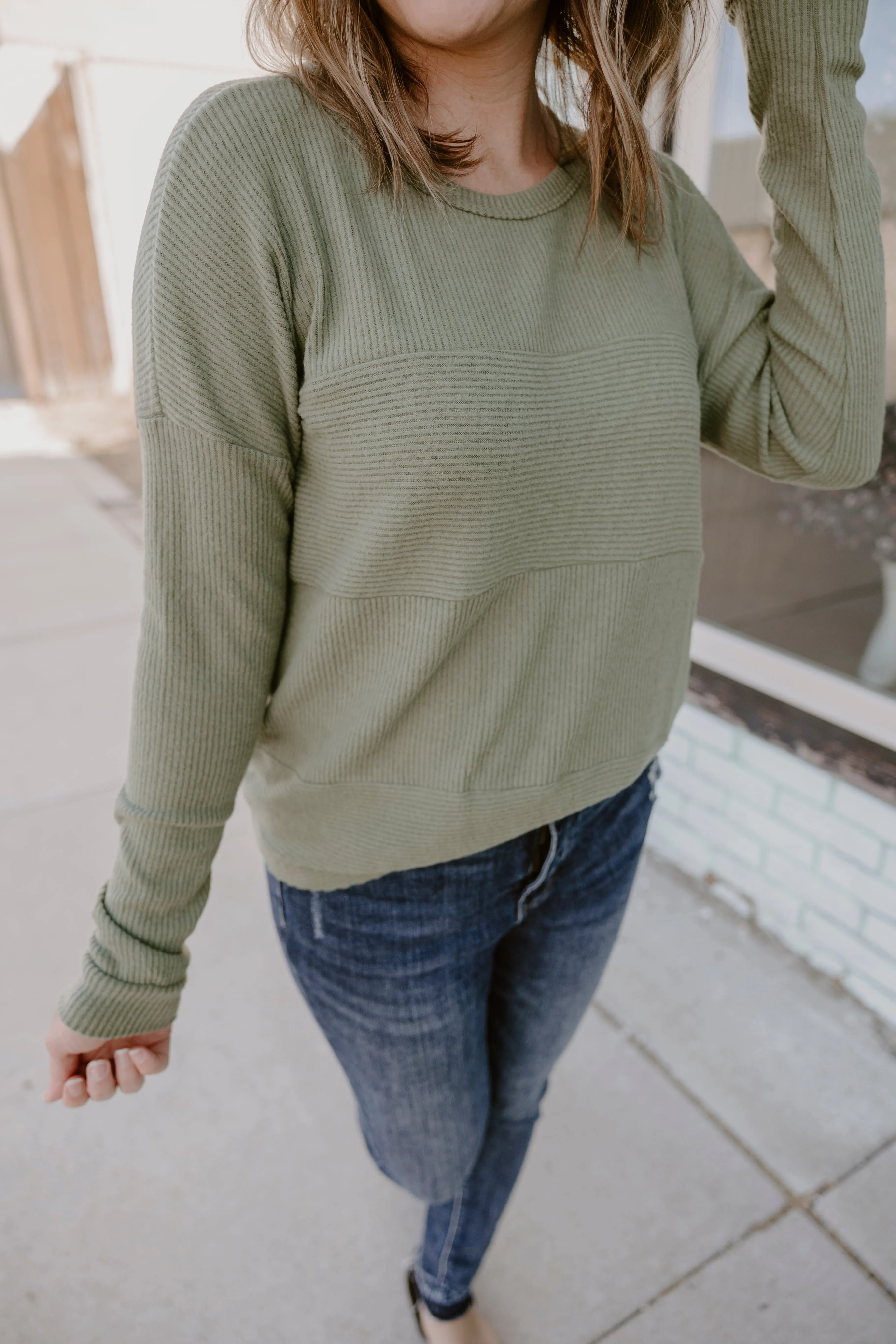 Olive Brushed Rib Long Sleeve Top