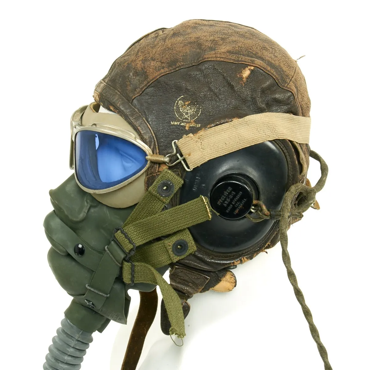 Original U.S. WWII Army Air Force Aviator Flight Helmet Set - AN6530 Blue Goggles, A-14 Mask, A-11 Helmet