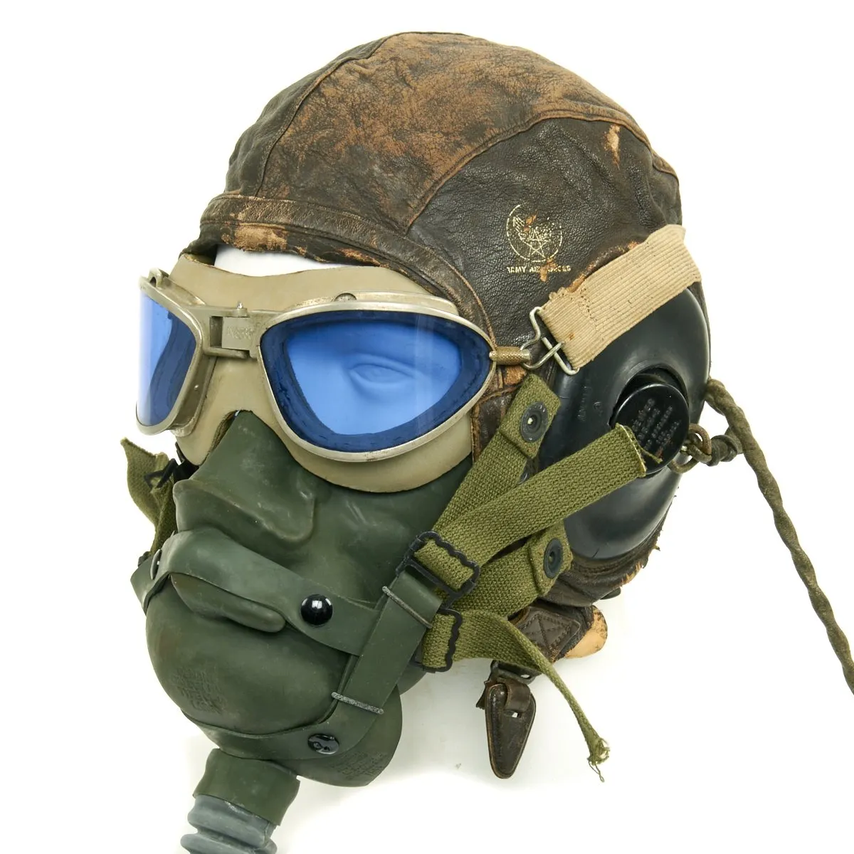 Original U.S. WWII Army Air Force Aviator Flight Helmet Set - AN6530 Blue Goggles, A-14 Mask, A-11 Helmet