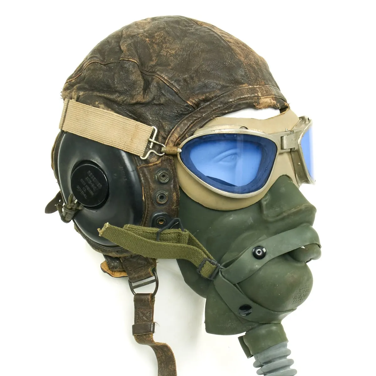 Original U.S. WWII Army Air Force Aviator Flight Helmet Set - AN6530 Blue Goggles, A-14 Mask, A-11 Helmet