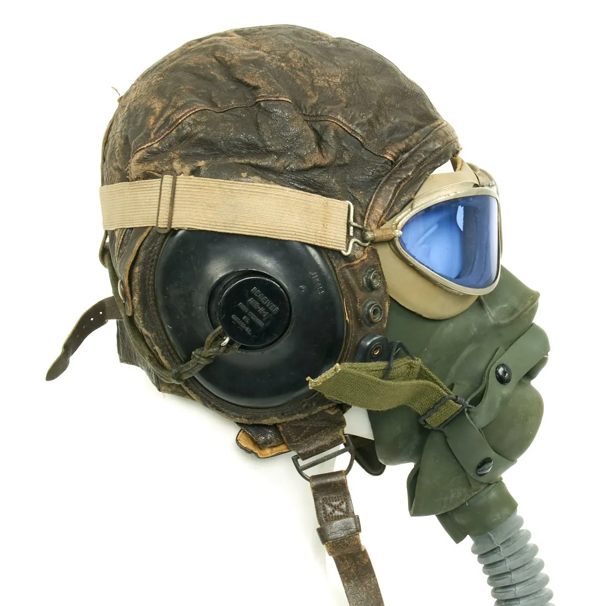 Original U.S. WWII Army Air Force Aviator Flight Helmet Set - AN6530 Blue Goggles, A-14 Mask, A-11 Helmet