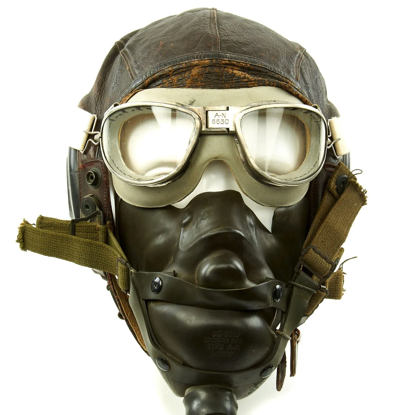 Original U.S. WWII Army Air Force Aviator Flight Helmet Set - AN6530 Goggles with Spare Lenses, A-14 Mask, A-11 Helmet