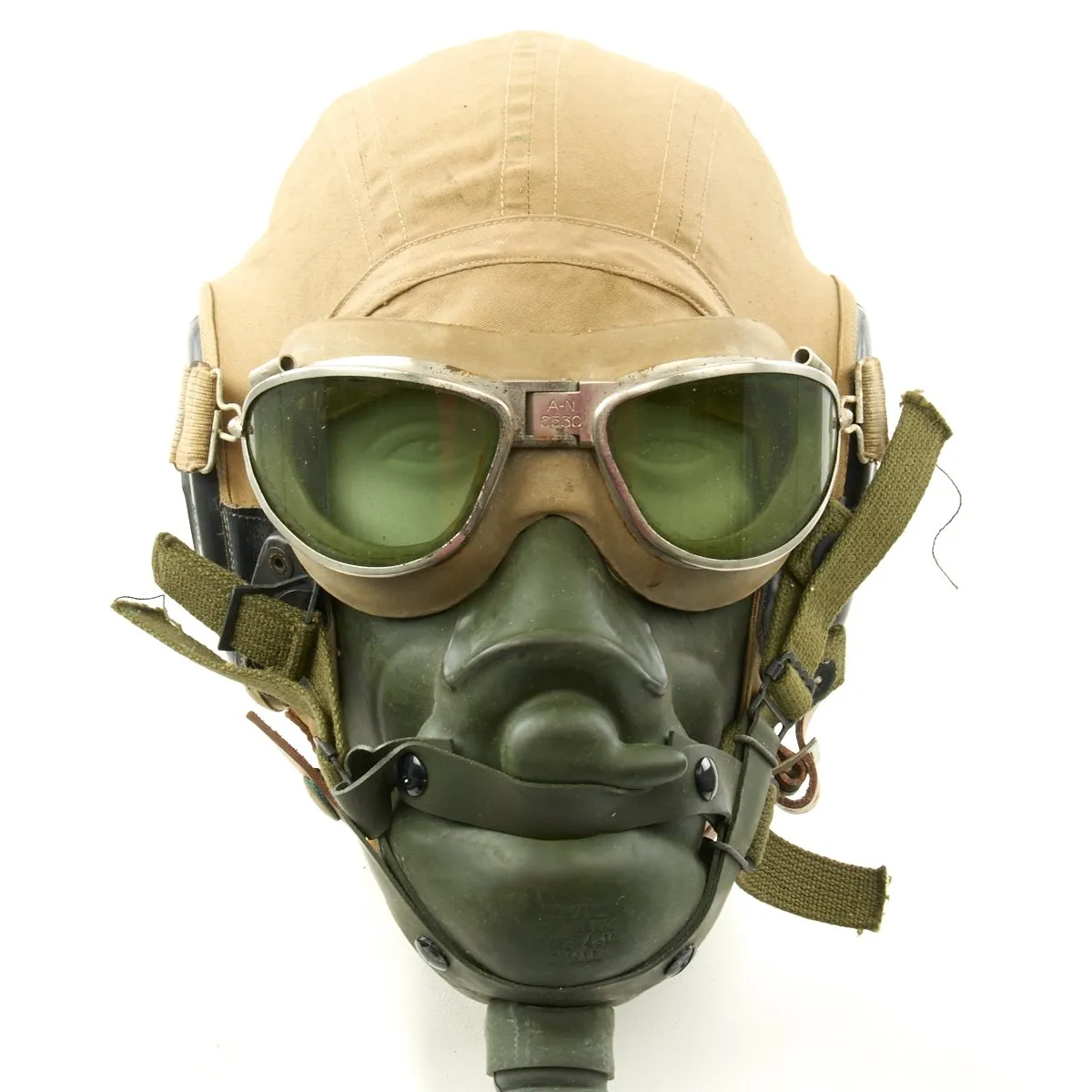 Original U.S. WWII Army Air Force Aviator Flight Helmet Set - AN6530 Green Goggles, A-14 Mask, AN-H-15 Helmet