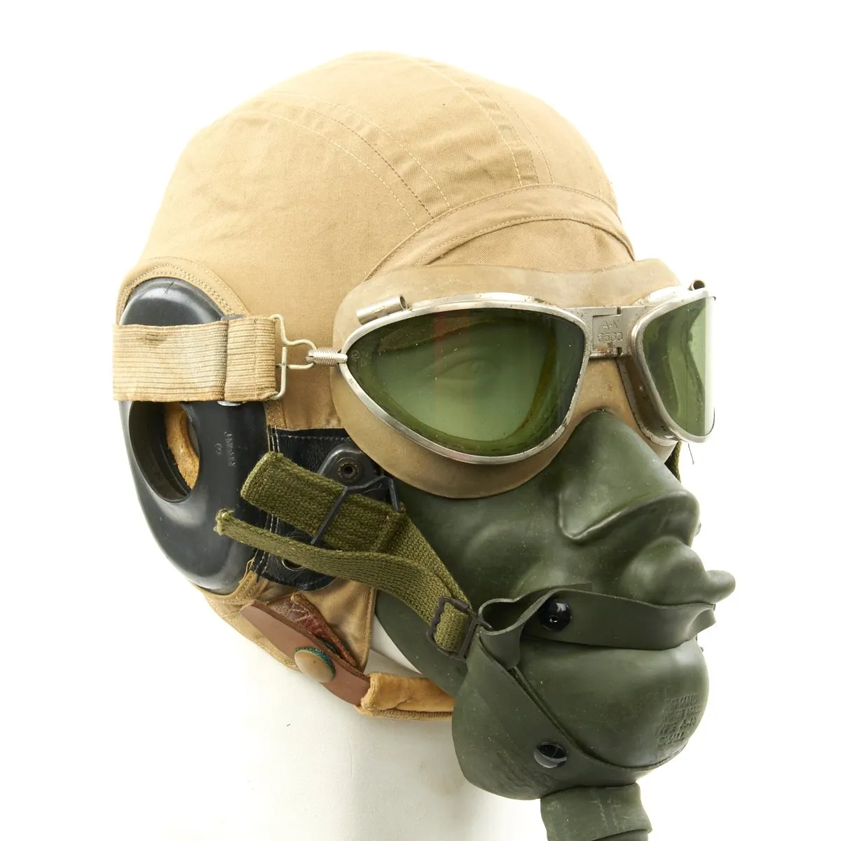 Original U.S. WWII Army Air Force Aviator Flight Helmet Set - AN6530 Green Goggles, A-14 Mask, AN-H-15 Helmet