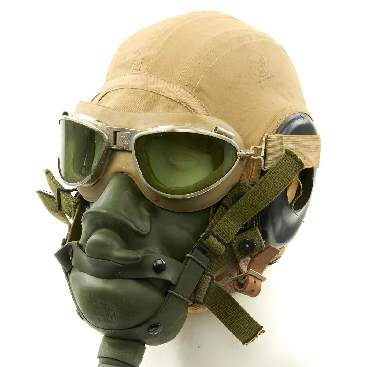 Original U.S. WWII Army Air Force Aviator Flight Helmet Set - AN6530 Green Goggles, A-14 Mask, AN-H-15 Helmet