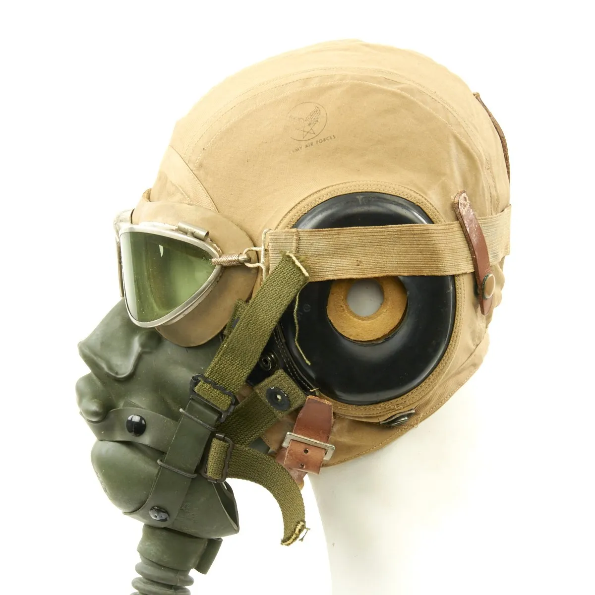 Original U.S. WWII Army Air Force Aviator Flight Helmet Set - AN6530 Green Goggles, A-14 Mask, AN-H-15 Helmet