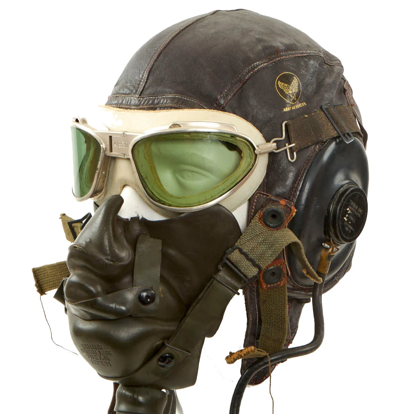 Original U.S. WWII Army Air Force Aviator Flight Helmet Set - AN6530 Green Tint Goggles, A-14 Mask, A-11 Helmet