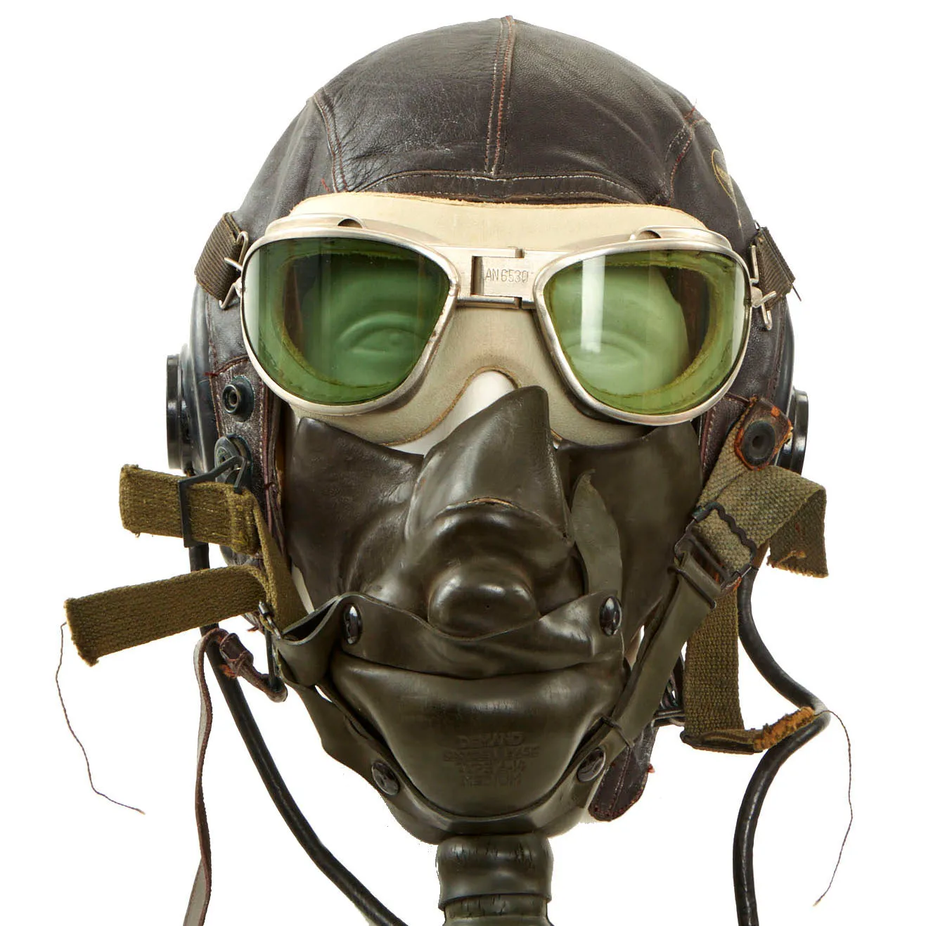 Original U.S. WWII Army Air Force Aviator Flight Helmet Set - AN6530 Green Tint Goggles, A-14 Mask, A-11 Helmet