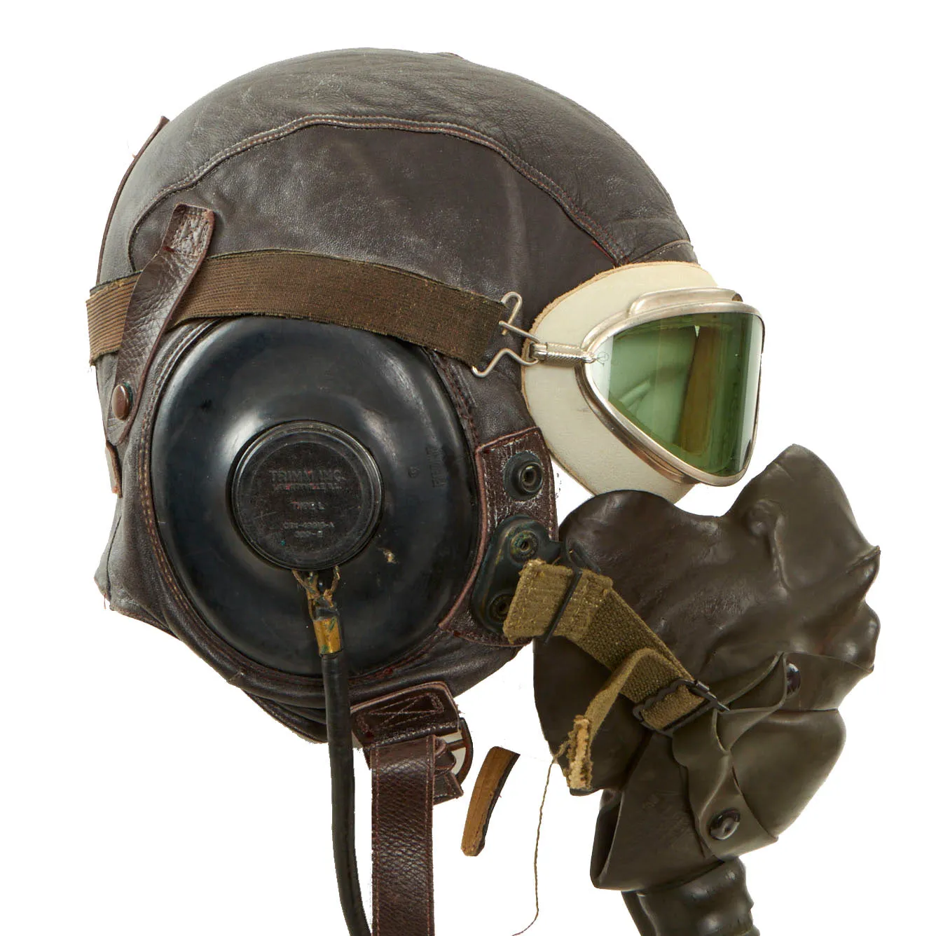 Original U.S. WWII Army Air Force Aviator Flight Helmet Set - AN6530 Green Tint Goggles, A-14 Mask, A-11 Helmet