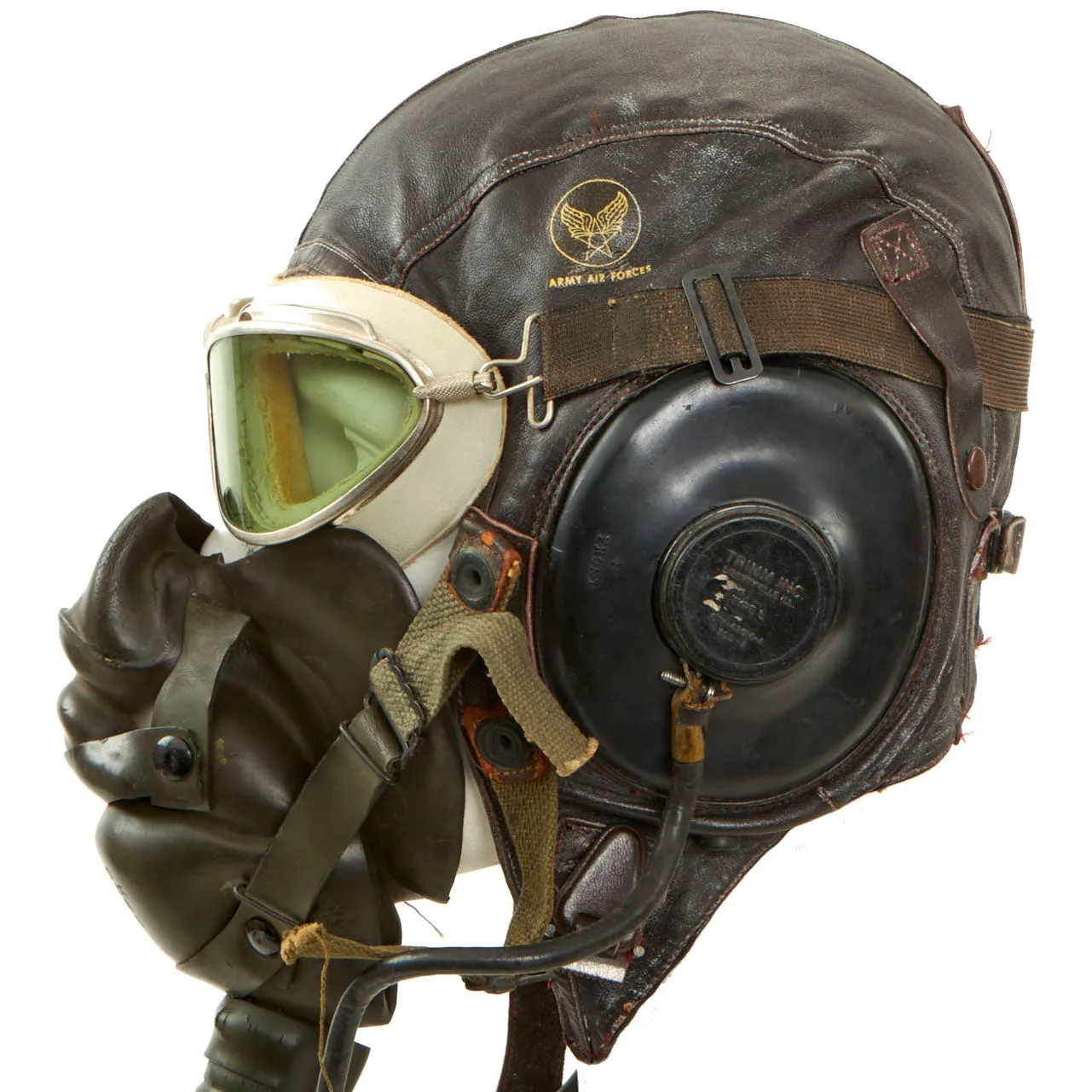 Original U.S. WWII Army Air Force Aviator Flight Helmet Set - AN6530 Green Tint Goggles, A-14 Mask, A-11 Helmet