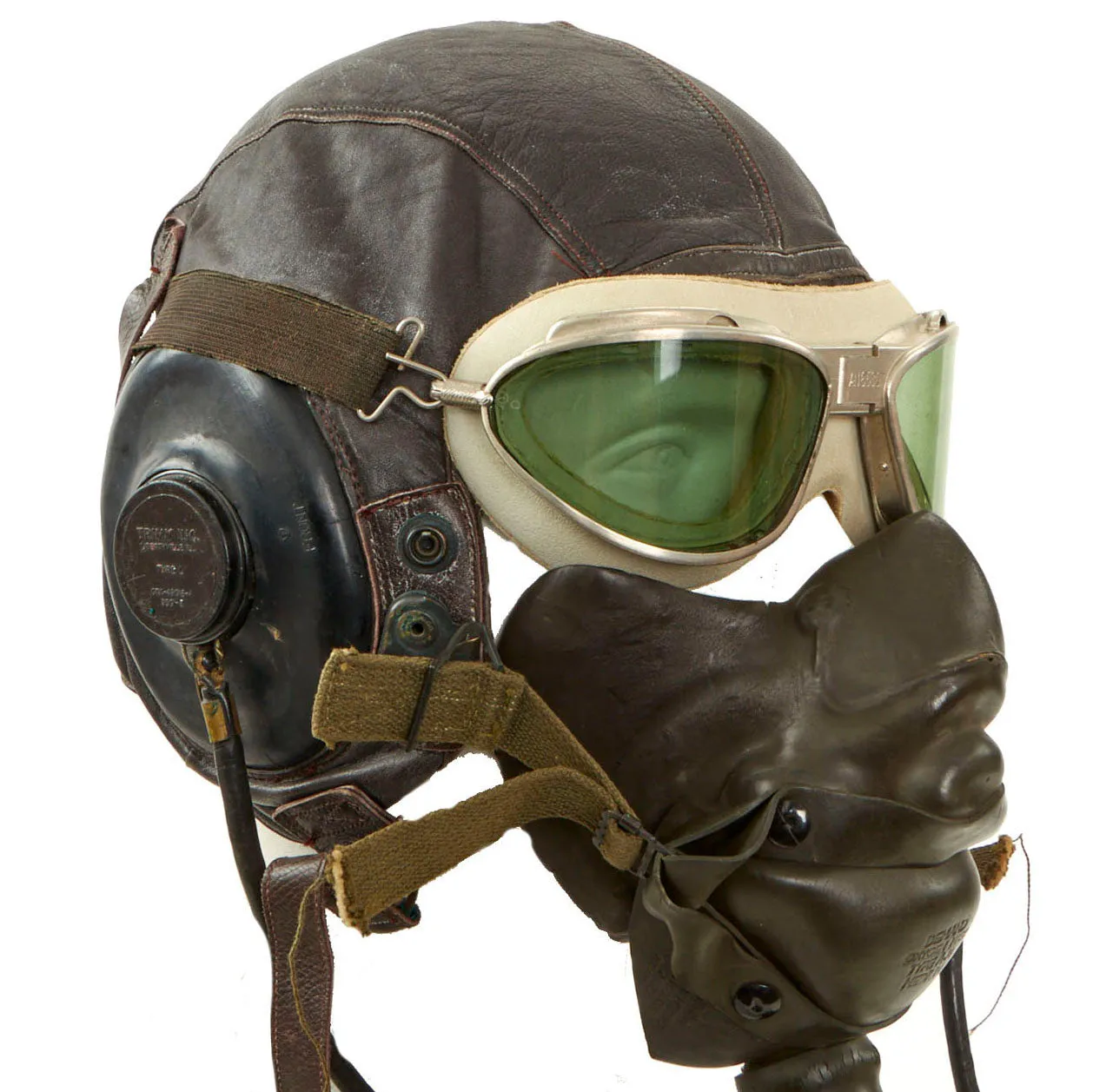 Original U.S. WWII Army Air Force Aviator Flight Helmet Set - AN6530 Green Tint Goggles, A-14 Mask, A-11 Helmet