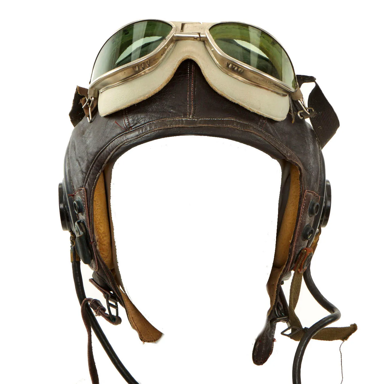 Original U.S. WWII Army Air Force Aviator Flight Helmet Set - AN6530 Green Tint Goggles, A-14 Mask, A-11 Helmet