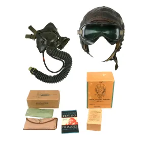 Original U.S. WWII Army Air Forces Aviator Flight Helmet Set - Polaroid B-8 Goggles, A-14 Mask With Box, Sealed HS-38 Headset and Named A-11 Helmet