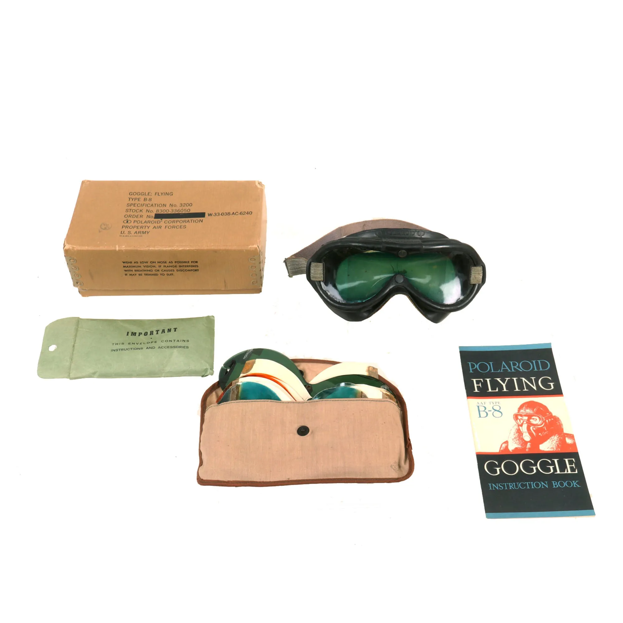 Original U.S. WWII Army Air Forces Aviator Flight Helmet Set - Polaroid B-8 Goggles, A-14 Mask With Box, Sealed HS-38 Headset and Named A-11 Helmet