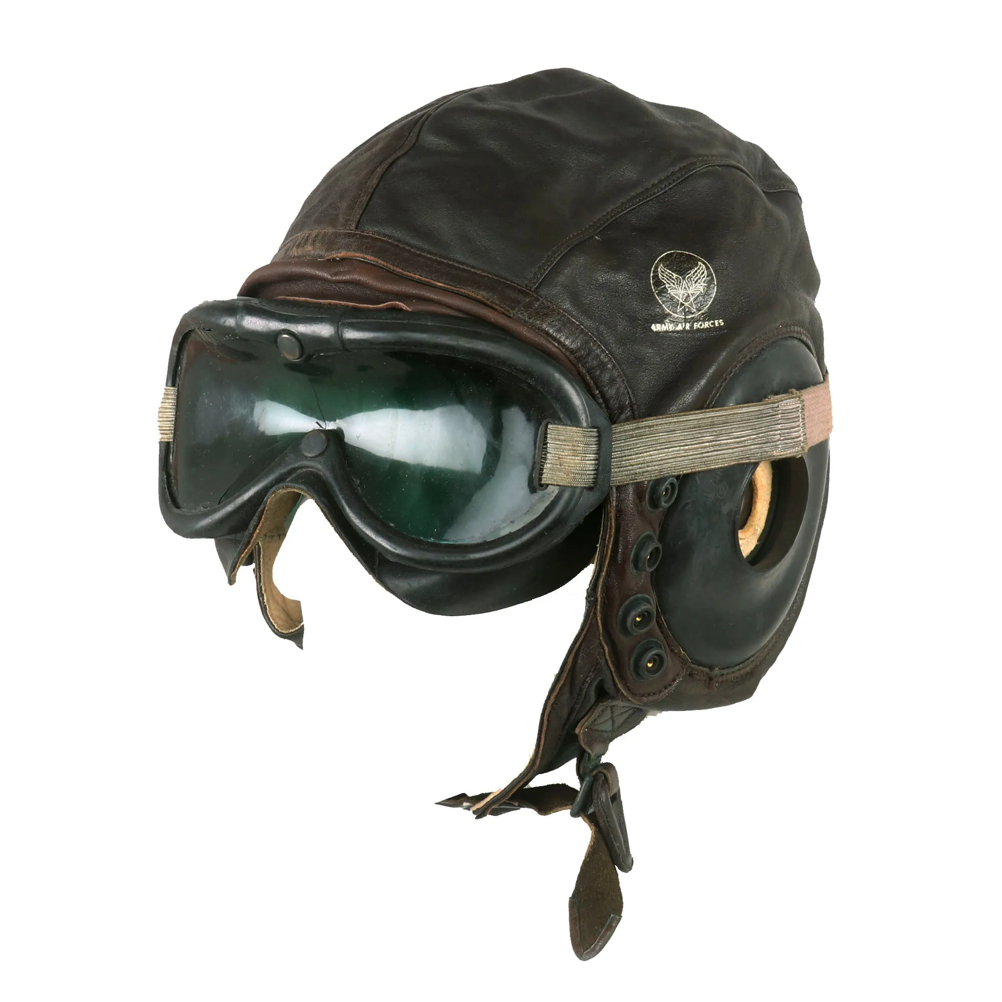 Original U.S. WWII Army Air Forces Aviator Flight Helmet Set - Polaroid B-8 Goggles, A-14 Mask With Box, Sealed HS-38 Headset and Named A-11 Helmet