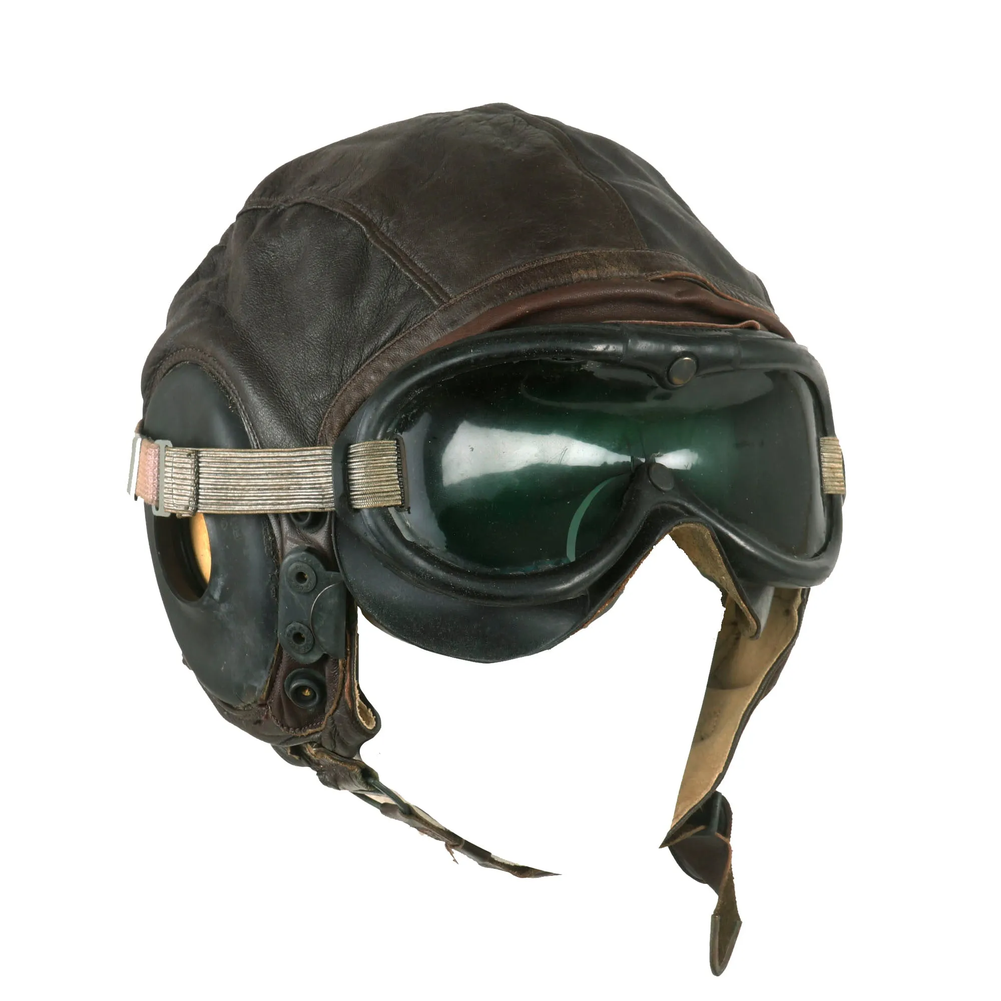 Original U.S. WWII Army Air Forces Aviator Flight Helmet Set - Polaroid B-8 Goggles, A-14 Mask With Box, Sealed HS-38 Headset and Named A-11 Helmet