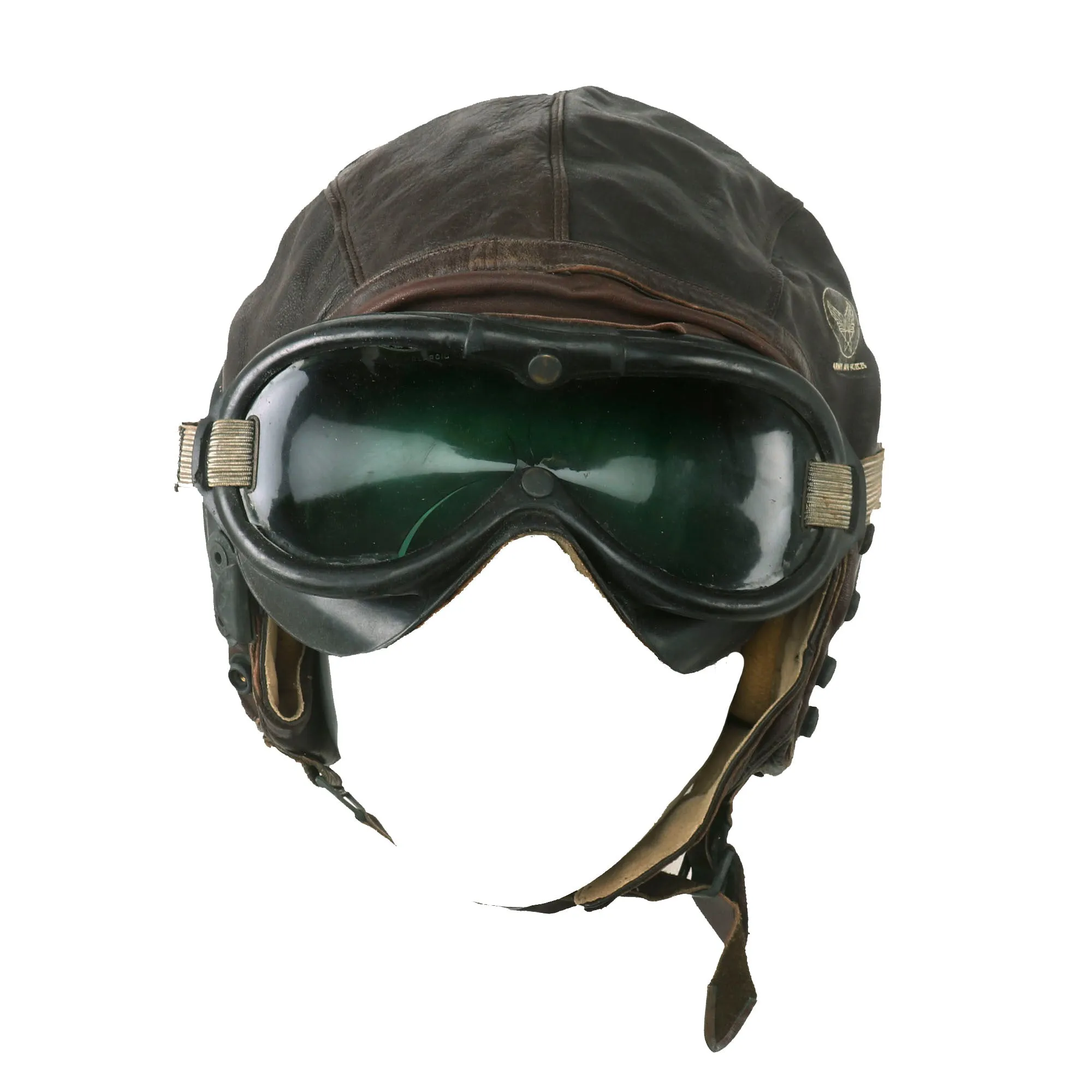 Original U.S. WWII Army Air Forces Aviator Flight Helmet Set - Polaroid B-8 Goggles, A-14 Mask With Box, Sealed HS-38 Headset and Named A-11 Helmet