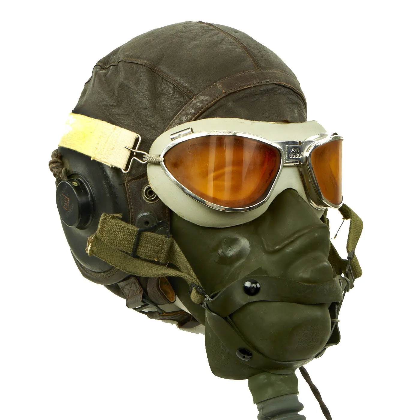 Original U.S. WWII Army Air Forces Aviator Flight Set - A-11 Flying Helmet with Earphones, AN6530 Goggles, A-14 Oxygen Mask