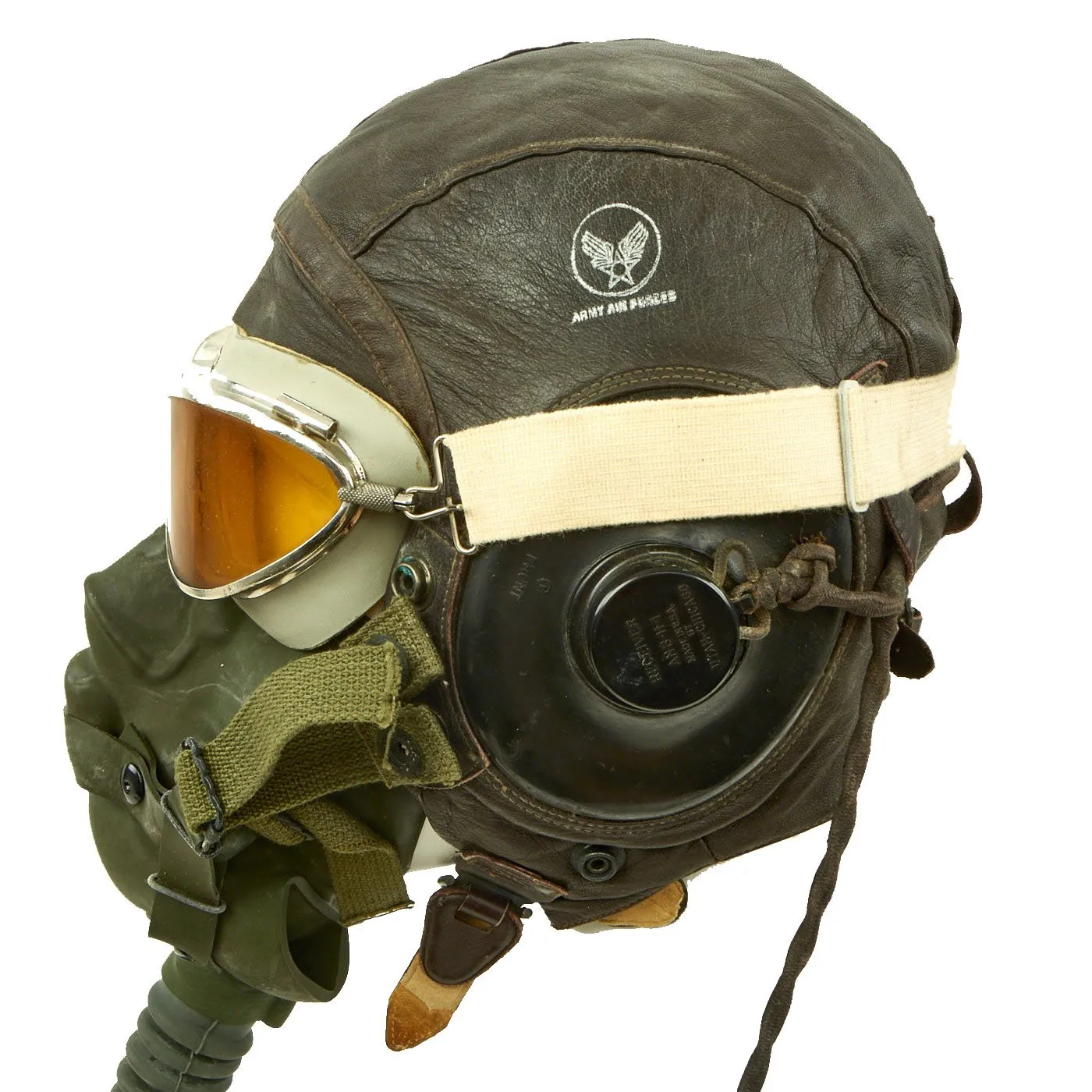 Original U.S. WWII Army Air Forces Aviator Flight Set - A-11 Flying Helmet with Earphones, AN6530 Goggles, A-14 Oxygen Mask