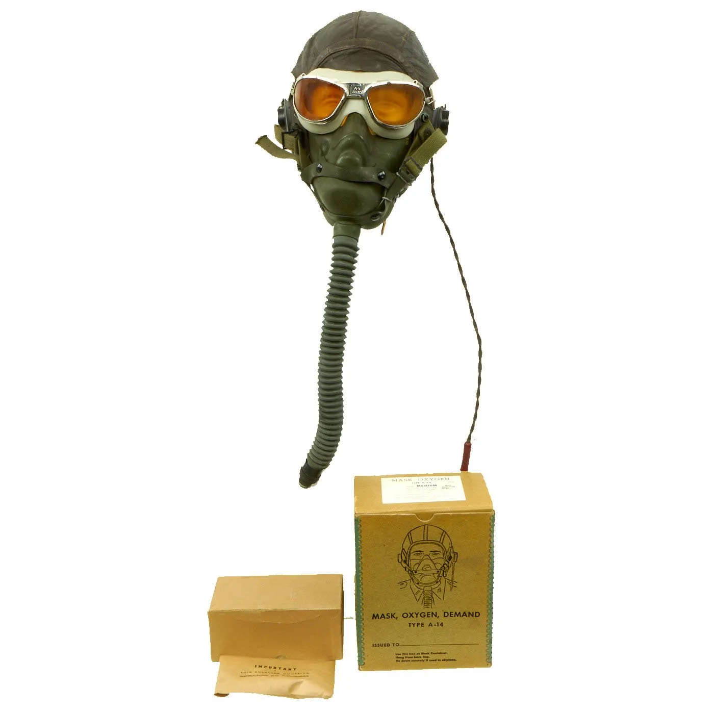 Original U.S. WWII Army Air Forces Aviator Flight Set - A-11 Flying Helmet with Earphones, AN6530 Goggles, A-14 Oxygen Mask