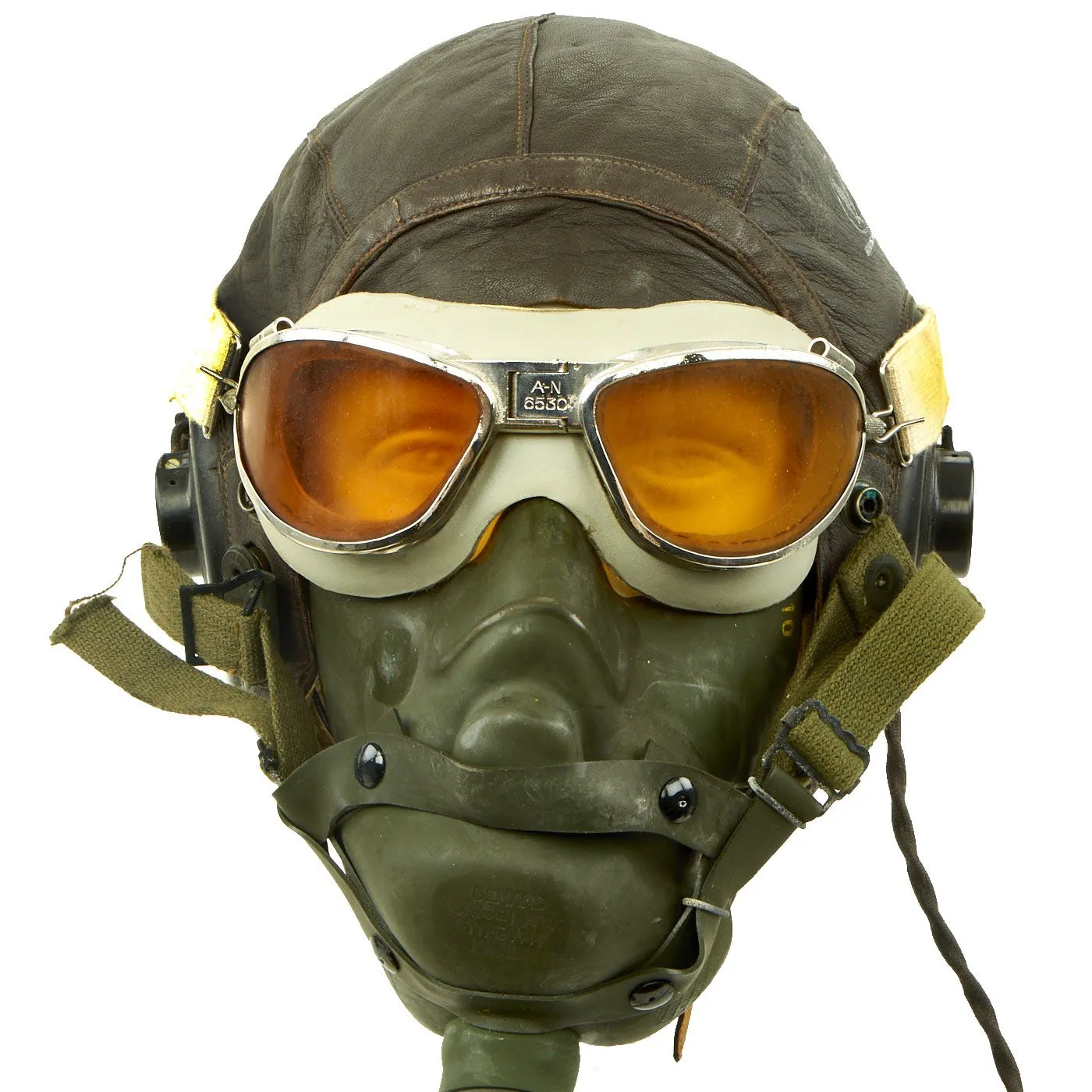 Original U.S. WWII Army Air Forces Aviator Flight Set - A-11 Flying Helmet with Earphones, AN6530 Goggles, A-14 Oxygen Mask