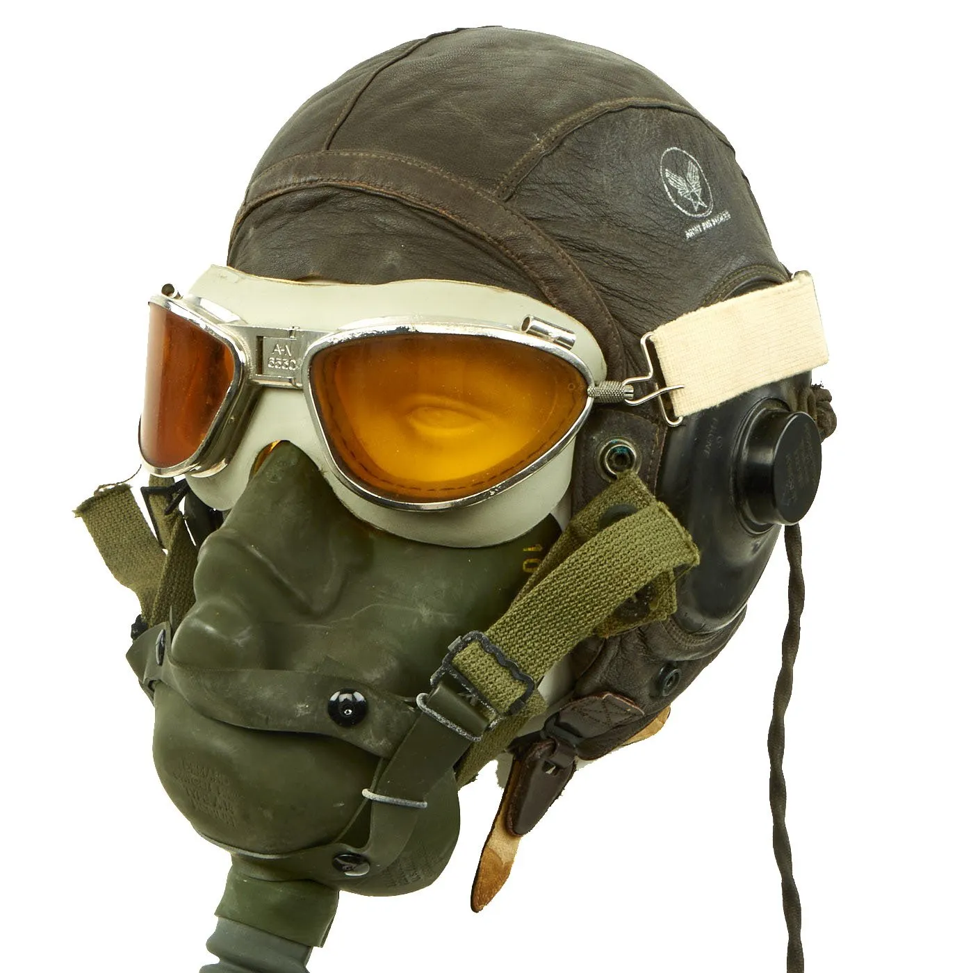 Original U.S. WWII Army Air Forces Aviator Flight Set - A-11 Flying Helmet with Earphones, AN6530 Goggles, A-14 Oxygen Mask