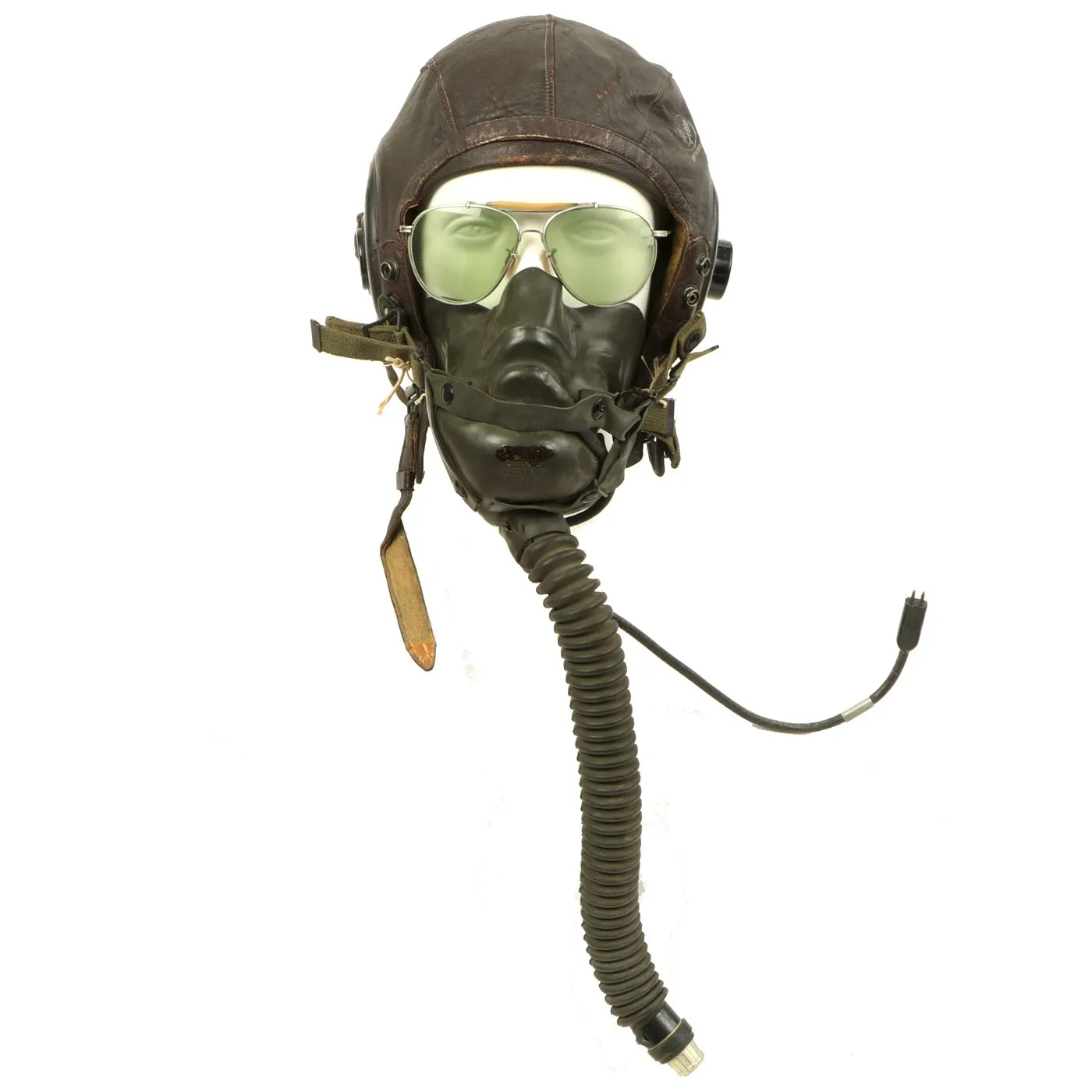 Original U.S. WWII Named Army Air Force Aviator Flight Helmet Set - Bausch and Lomb AN6531 Sunglass, A-14 Oxygen Mask, A-11 Flying Helmet