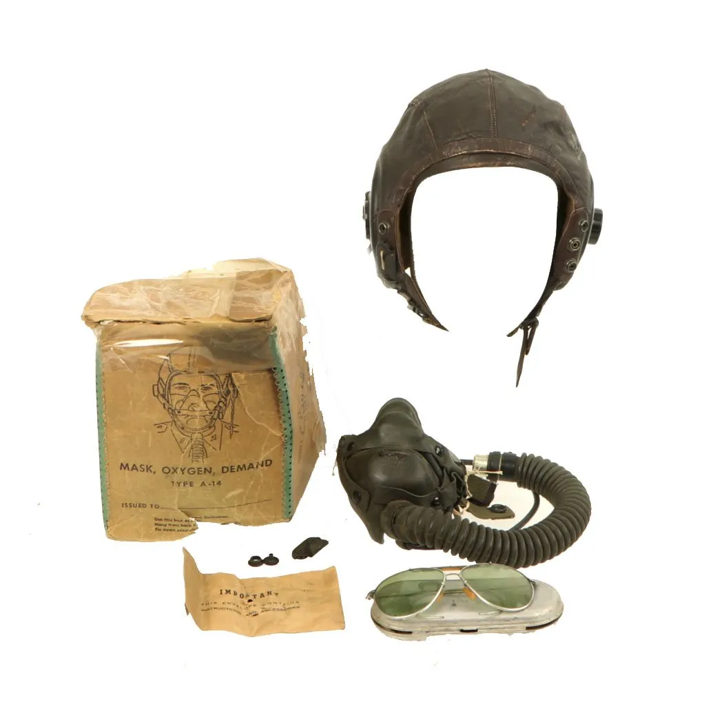 Original U.S. WWII Named Army Air Force Aviator Flight Helmet Set - Bausch and Lomb AN6531 Sunglass, A-14 Oxygen Mask, A-11 Flying Helmet