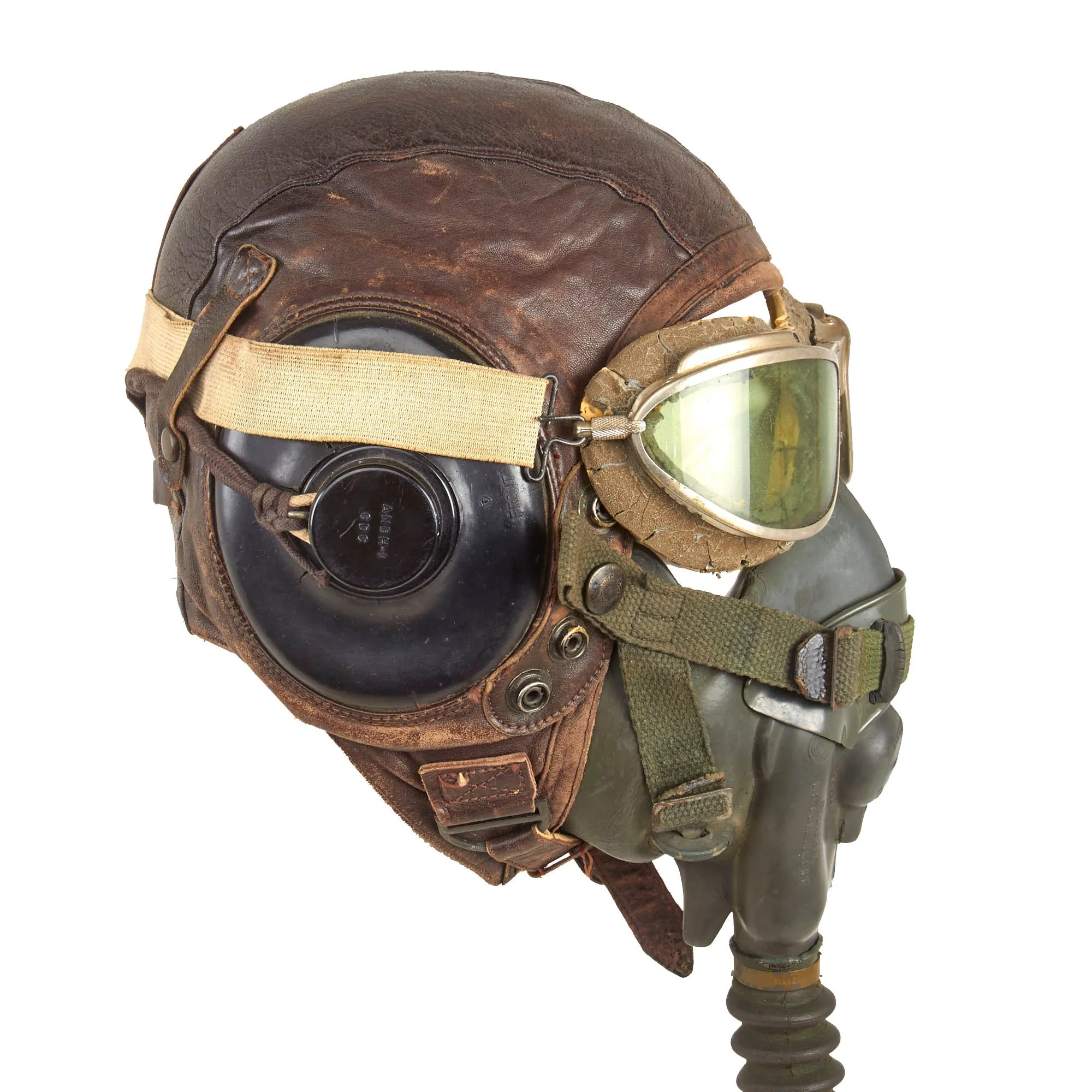 Original U.S. WWII USAAF Aviator Flight Helmet Set - AN6530 Goggles, A-11 Helmet, & Type A-13 Oxygen Mask